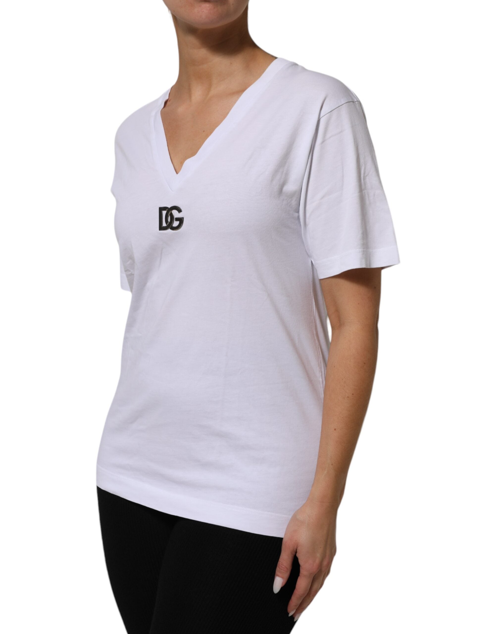 Dolce & Gabbana White Cotton V-Neck Short Sleeves Women's T-Shirt (Pre-Owned)