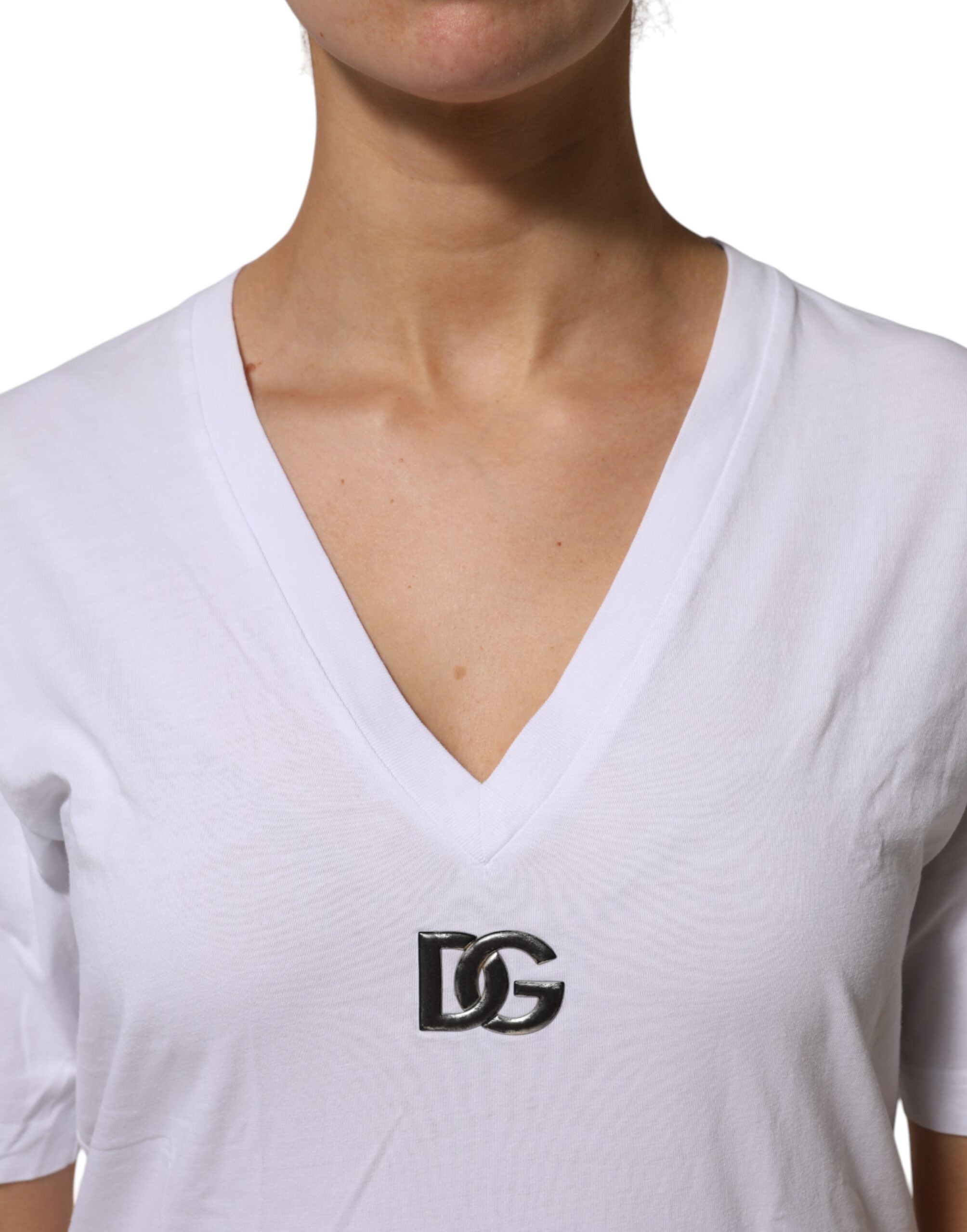 Dolce & Gabbana White Cotton V-Neck Short Sleeves Women's T-Shirt (Pre-Owned)
