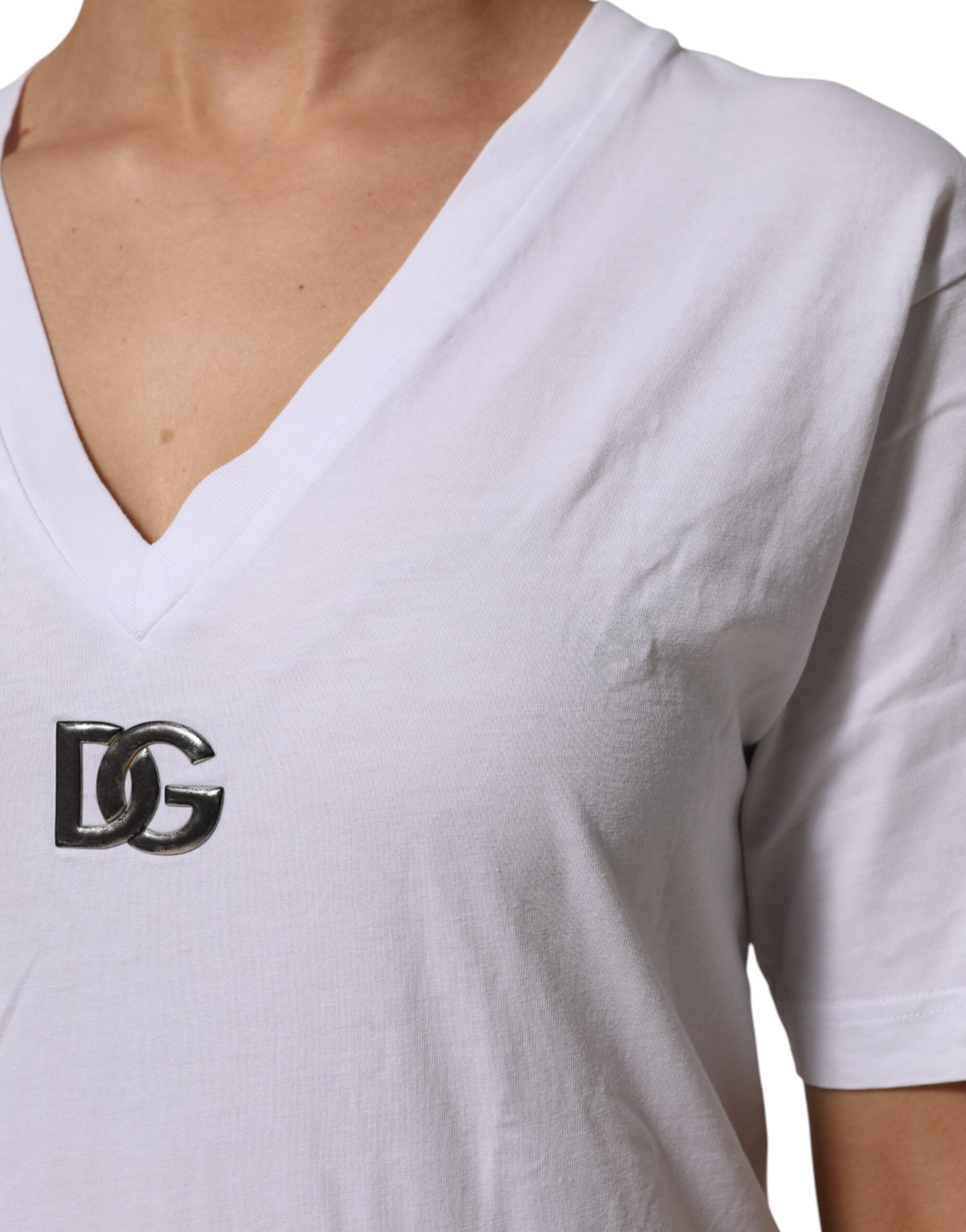 Dolce & Gabbana White Cotton V-Neck Short Sleeves Women's T-Shirt (Pre-Owned)
