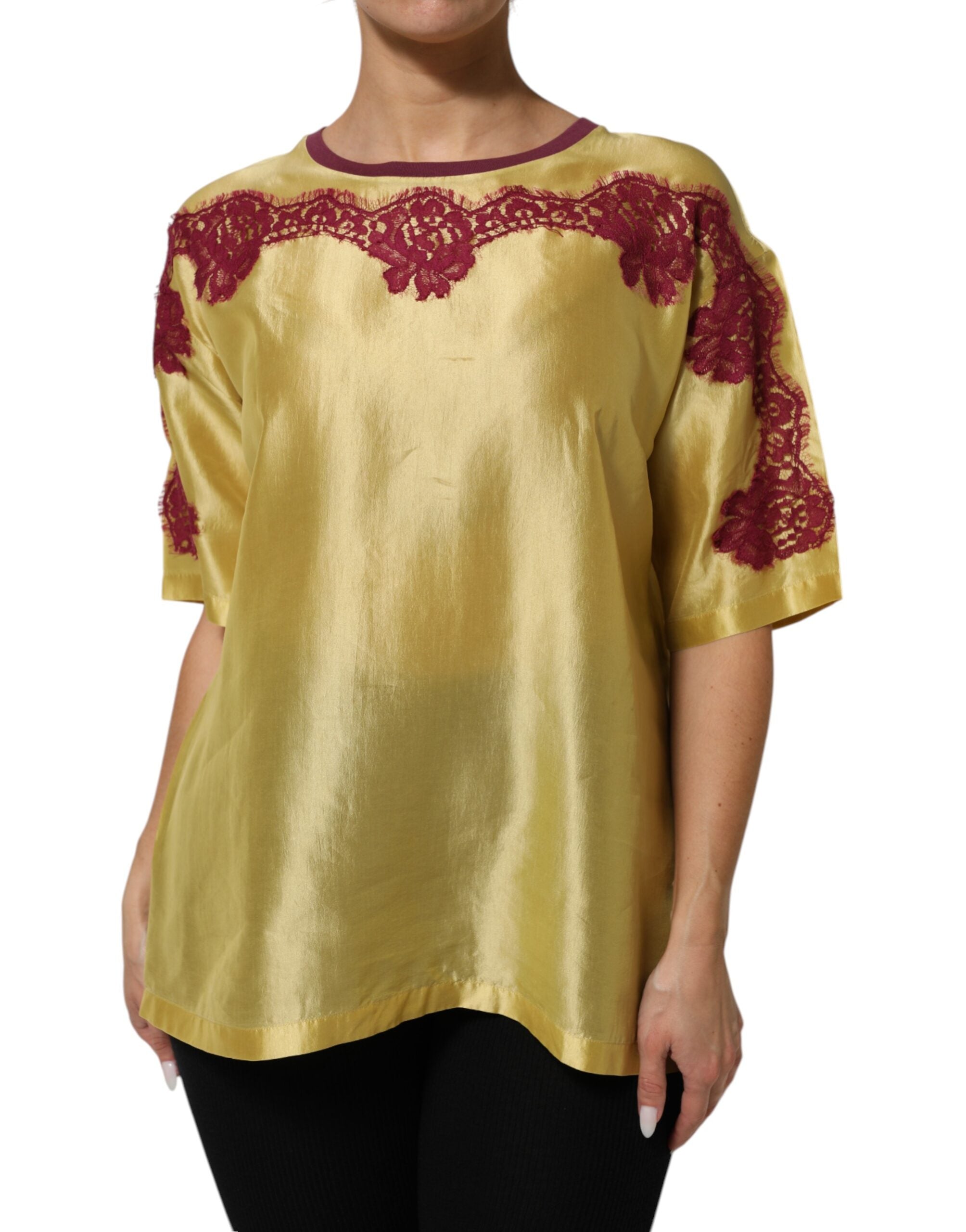 Dolce & Gabbana Yellow Silk Satin Floral Lace Short Sleeves Women's Top (Pre-Owned)