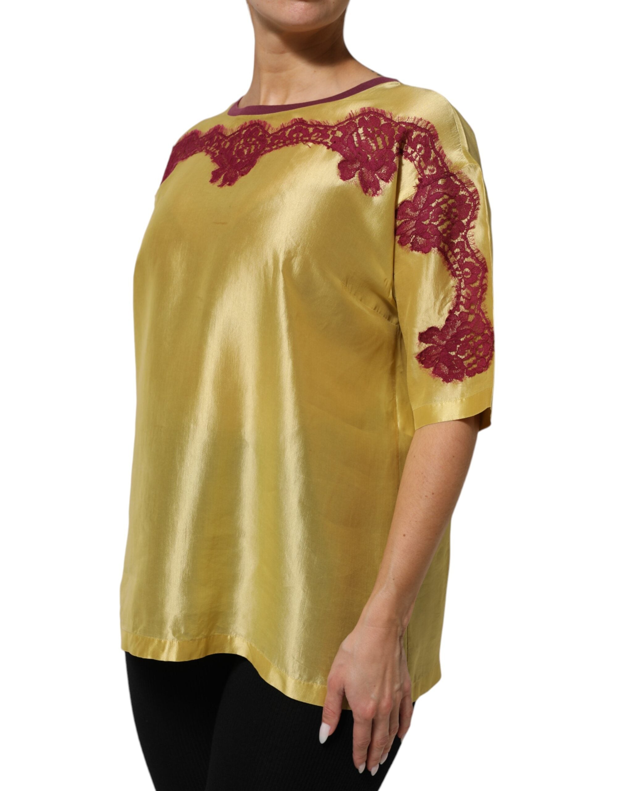 Dolce & Gabbana Yellow Silk Satin Floral Lace Short Sleeves Women's Top (Pre-Owned)