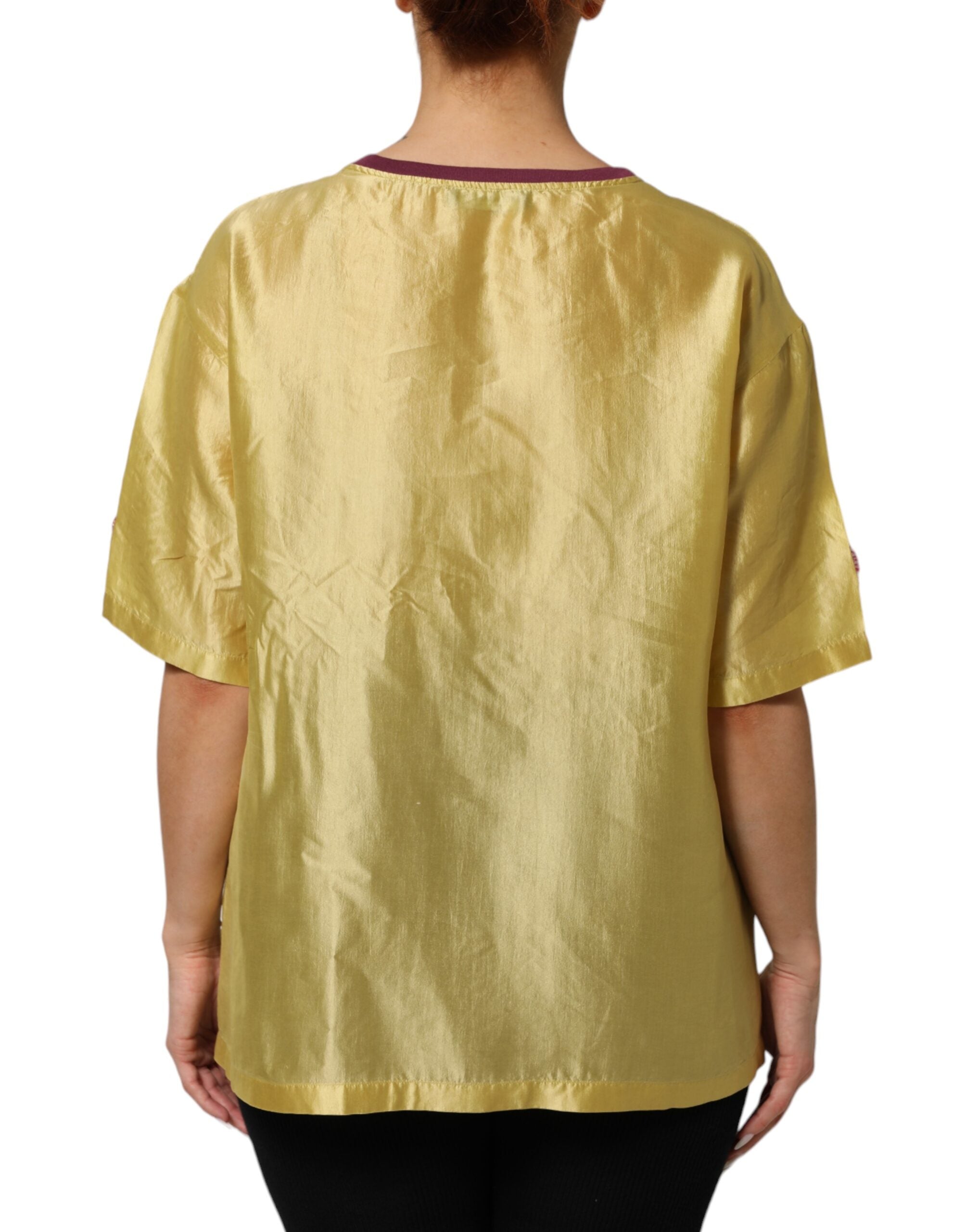Dolce & Gabbana Yellow Silk Satin Floral Lace Short Sleeves Women's Top (Pre-Owned)