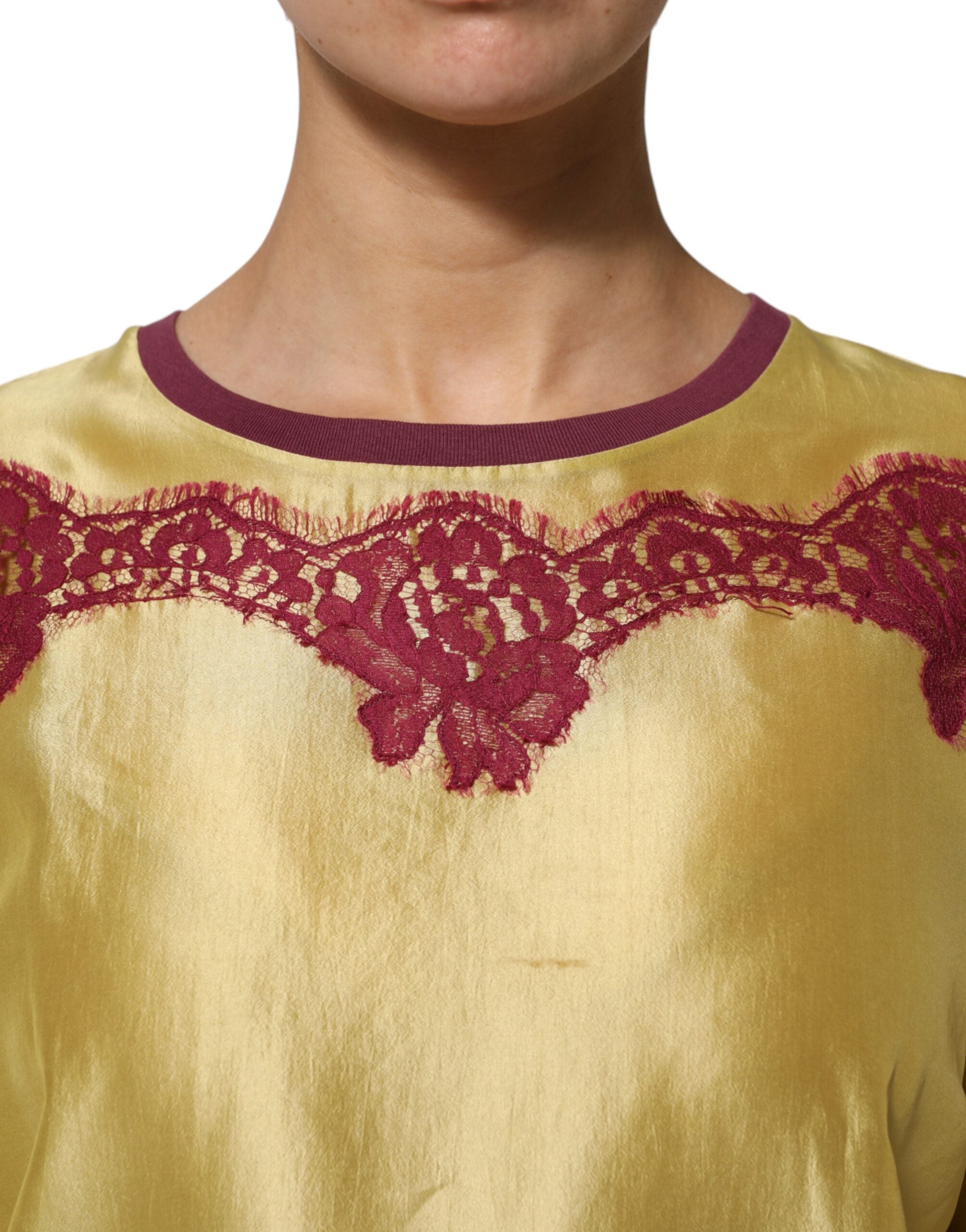 Dolce & Gabbana Yellow Silk Satin Floral Lace Short Sleeves Women's Top (Pre-Owned)