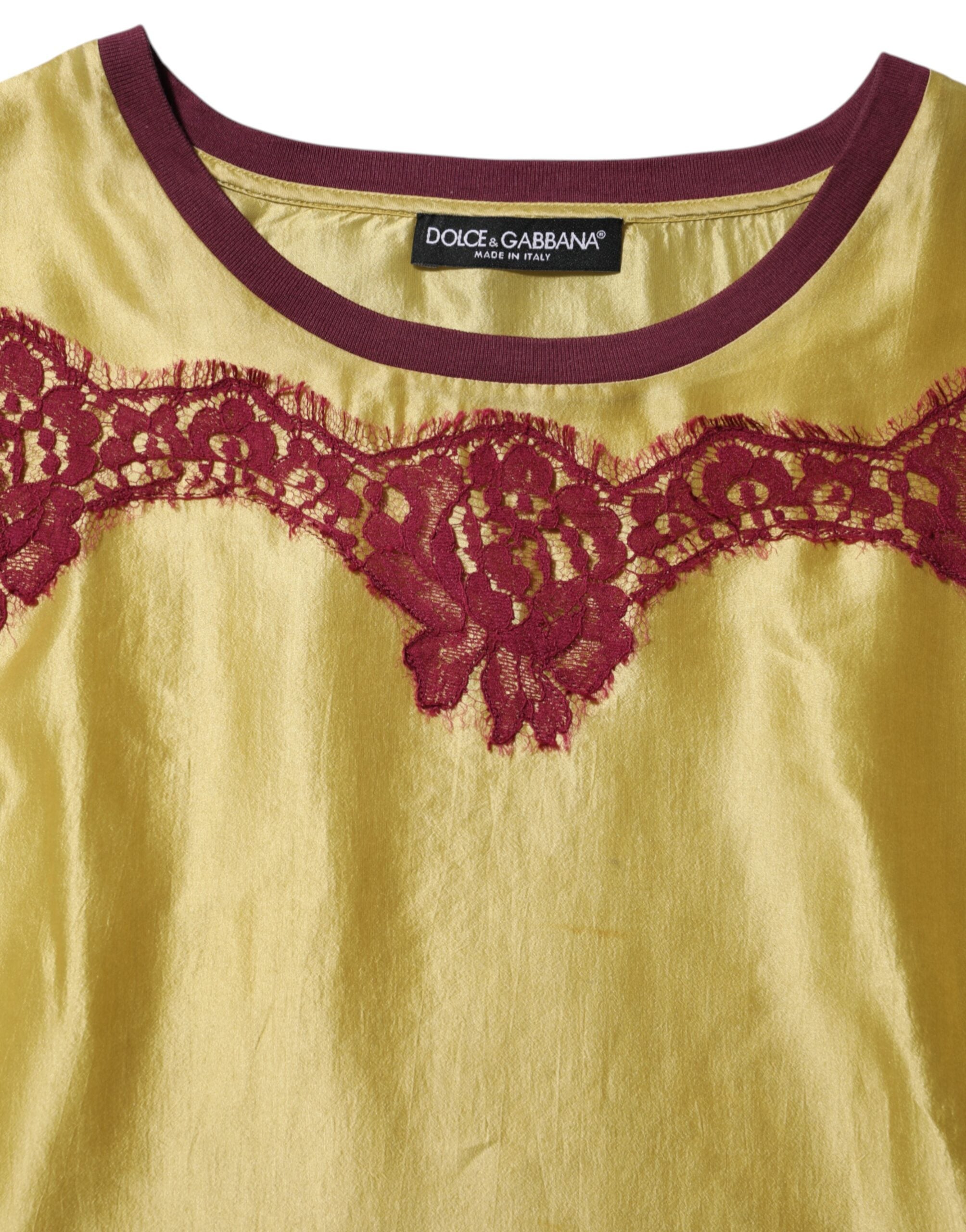 Dolce & Gabbana Yellow Silk Satin Floral Lace Short Sleeves Women's Top (Pre-Owned)