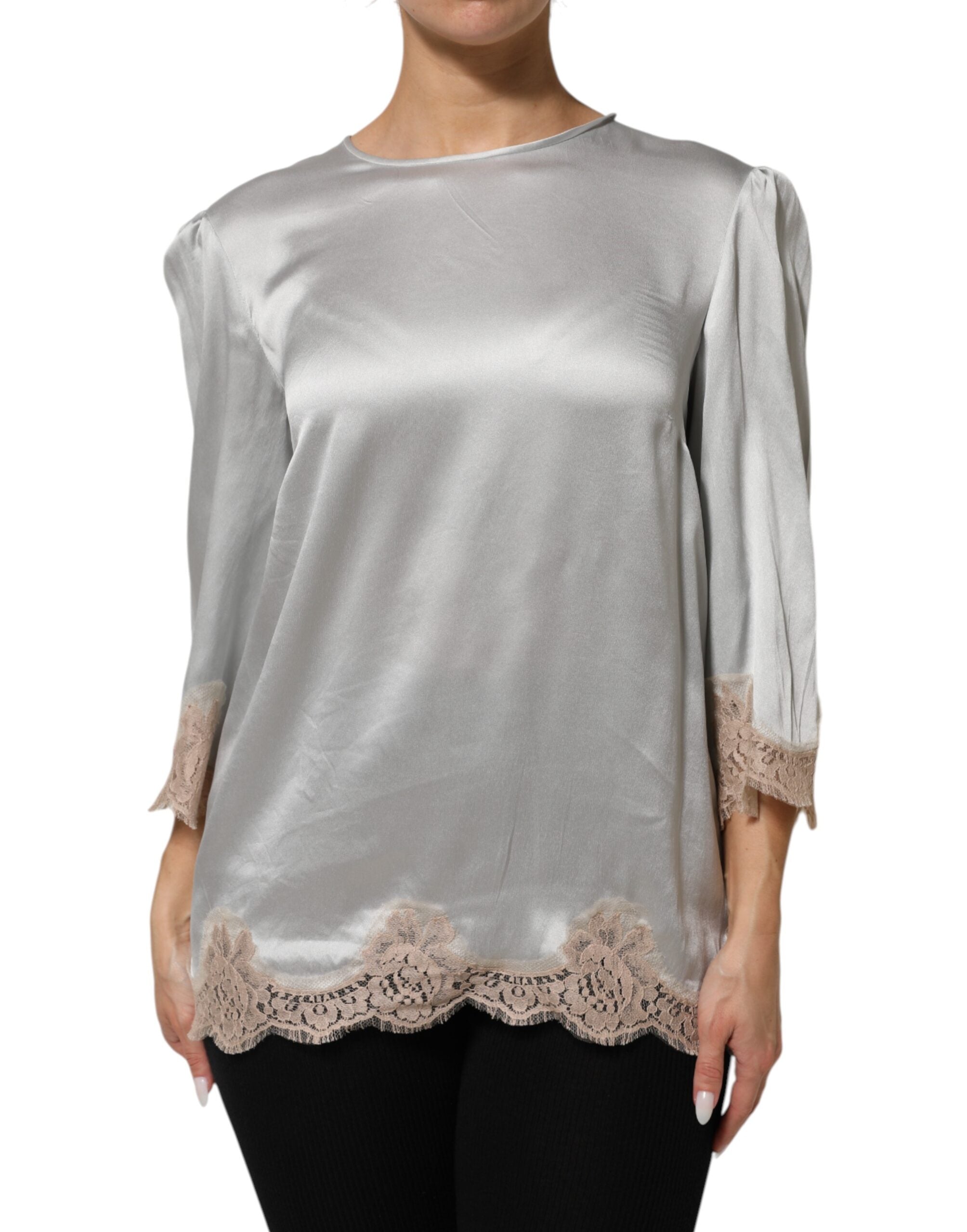 Dolce & Gabbana Gray Silk Satin Floral Lace Long Sleeve Women's Top (Pre-Owned)