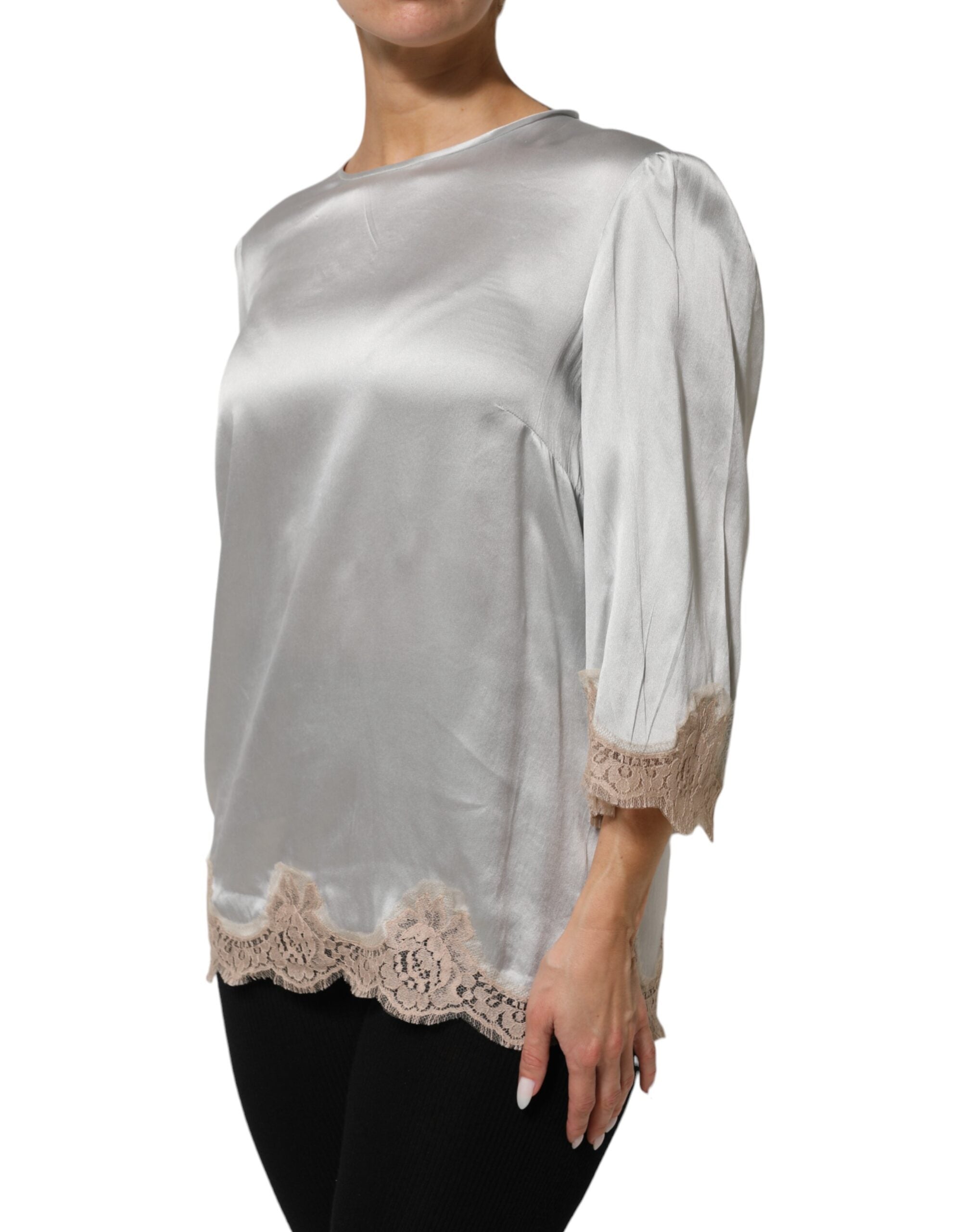 Dolce & Gabbana Gray Silk Satin Floral Lace Long Sleeve Women's Top (Pre-Owned)