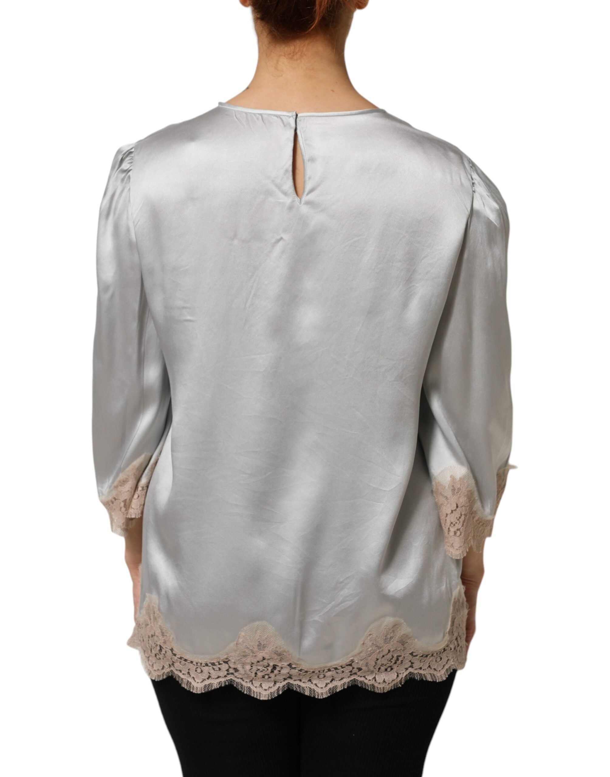 Dolce & Gabbana Gray Silk Satin Floral Lace Long Sleeve Women's Top (Pre-Owned)