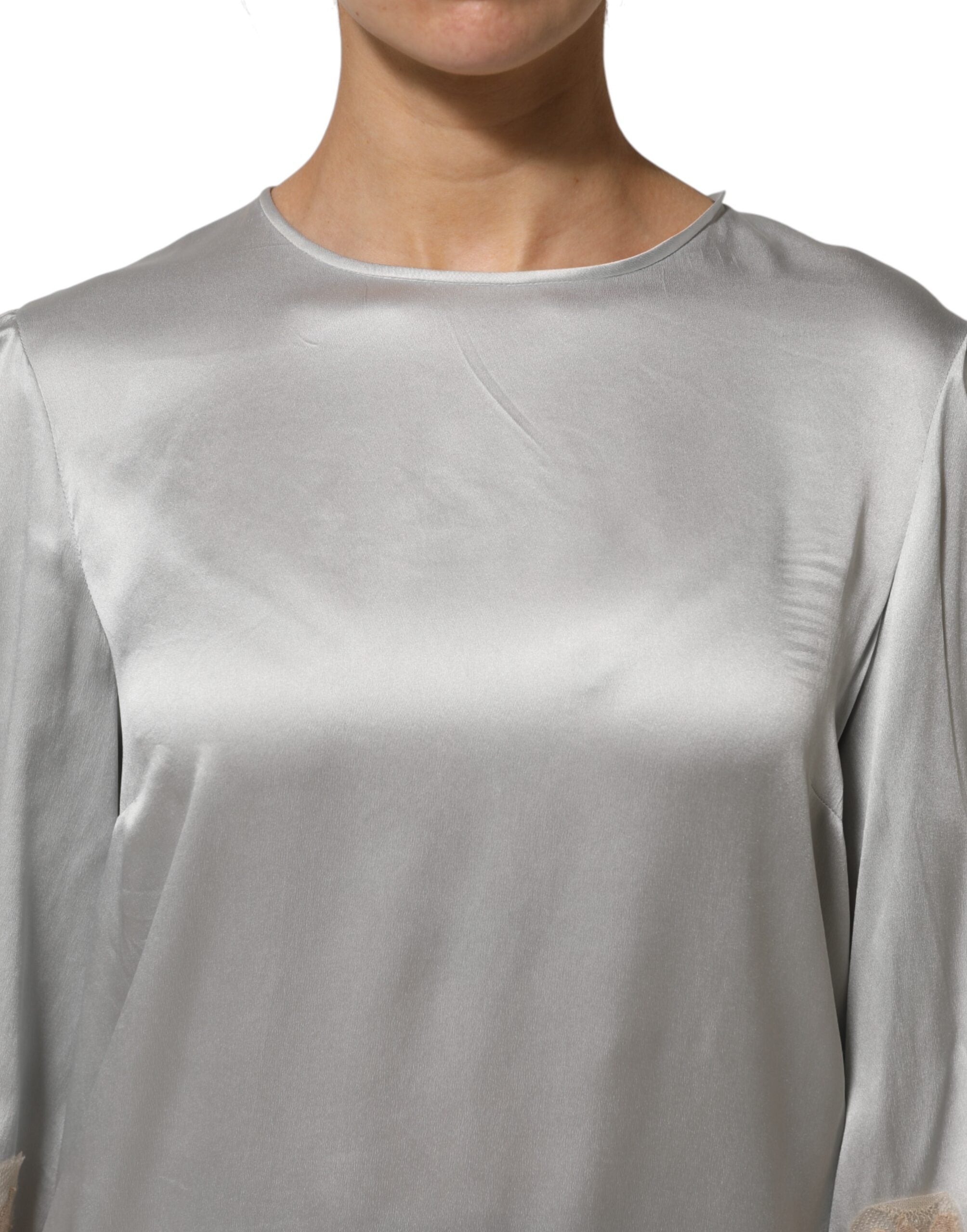 Dolce & Gabbana Gray Silk Satin Floral Lace Long Sleeve Women's Top (Pre-Owned)