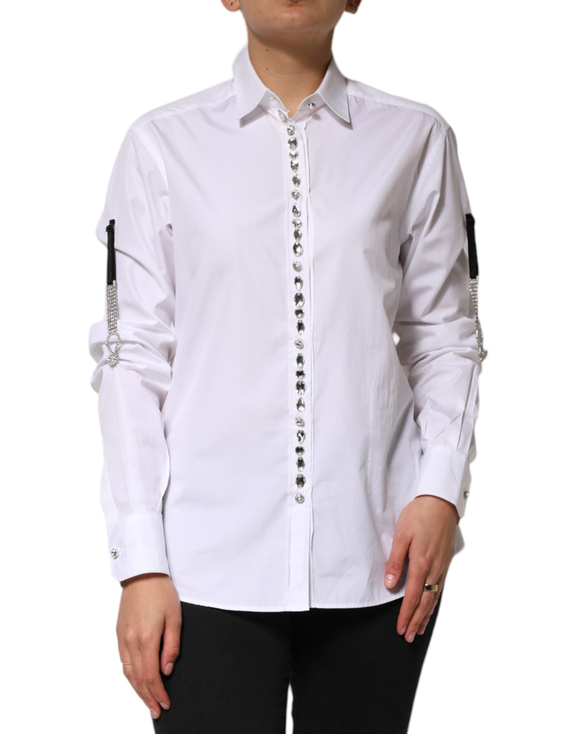 Dolce & Gabbana White Crystal Embellished Dress Shirt Women's Top (Pre-Owned)