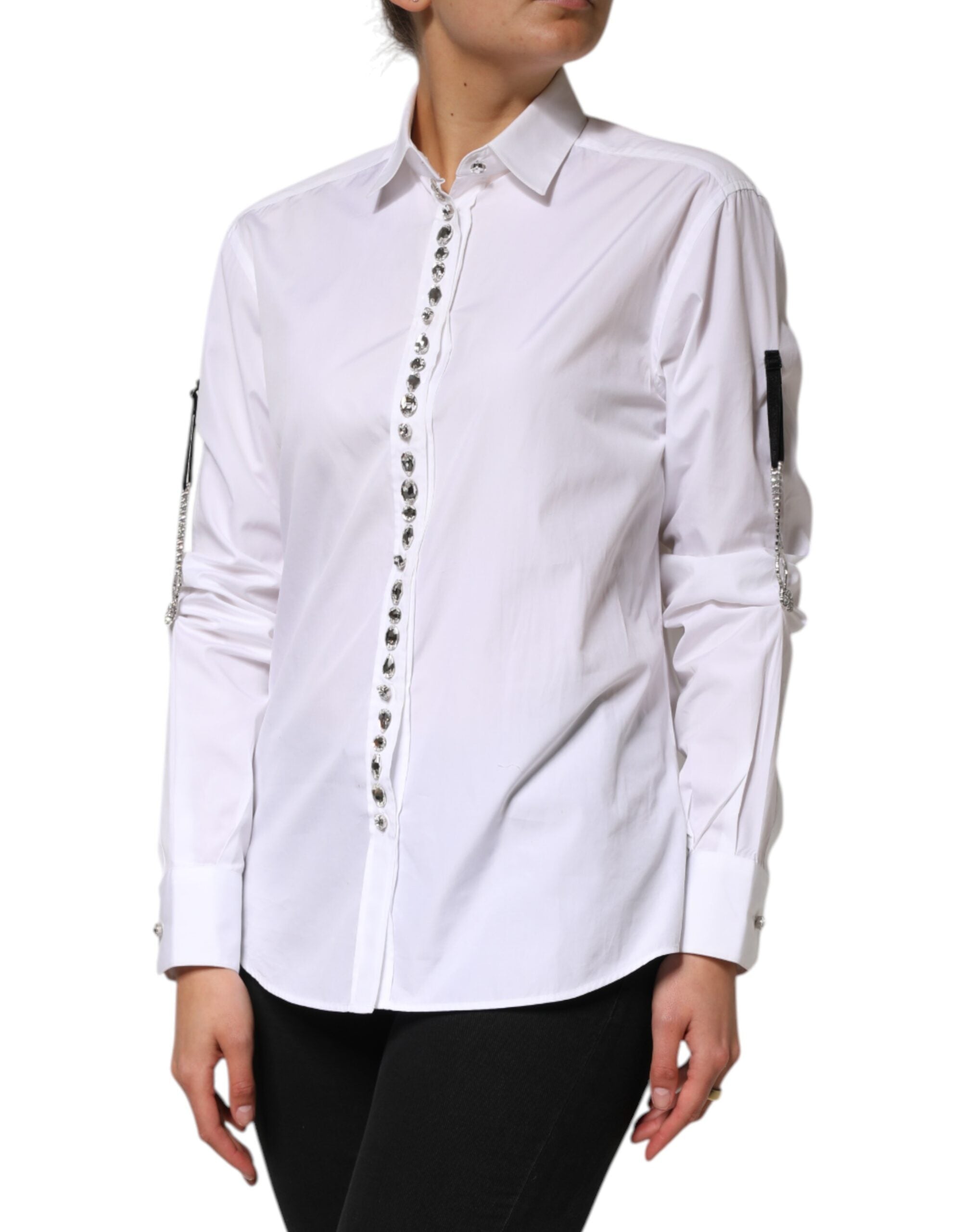 Dolce & Gabbana White Crystal Embellished Dress Shirt Women's Top (Pre-Owned)