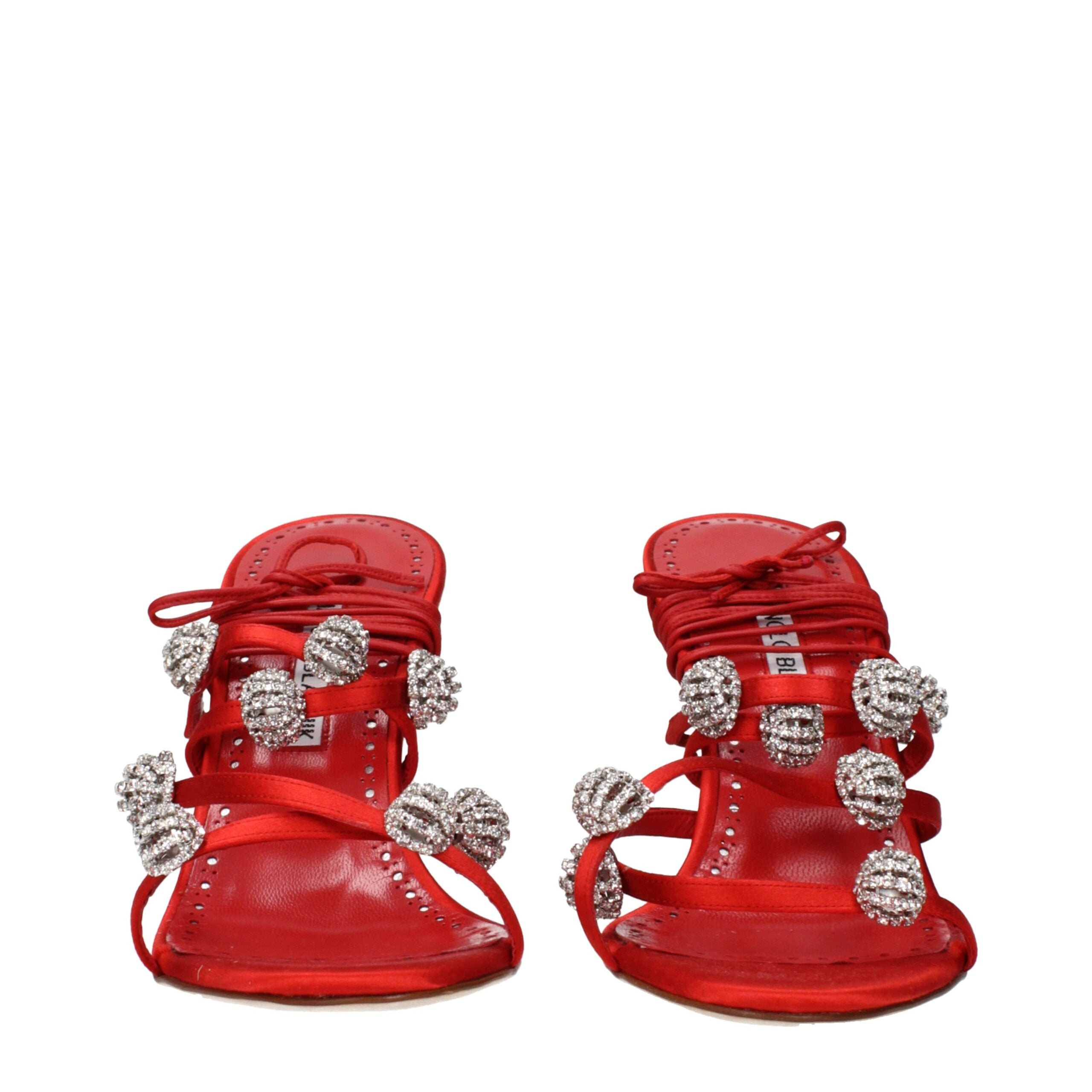 Manolo Blahnik Red Satin Stiletto Heel Women's Sandals