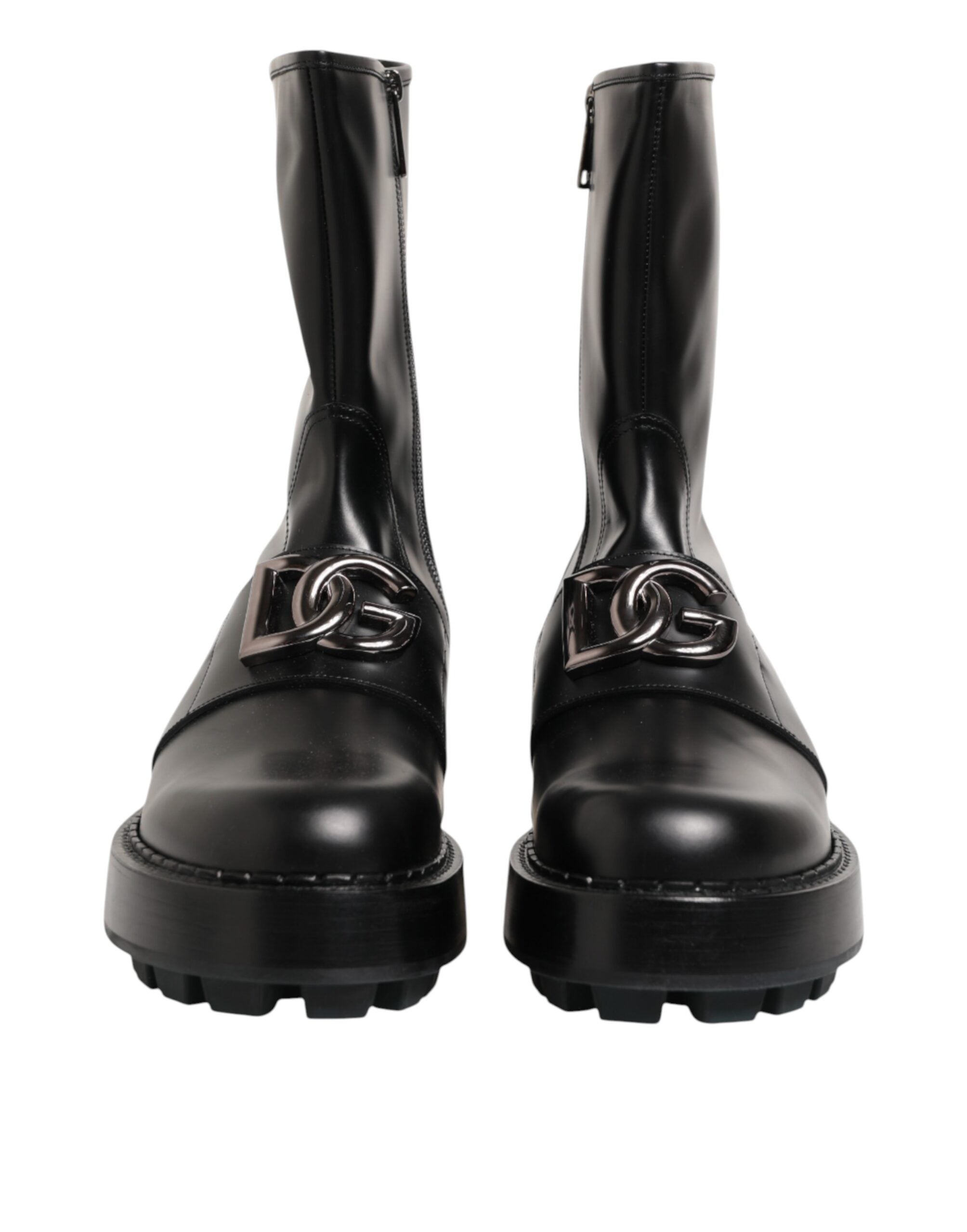 Dolce & Gabbana Black Logo Plaque Mid Calf Biker Boots Men's Shoes