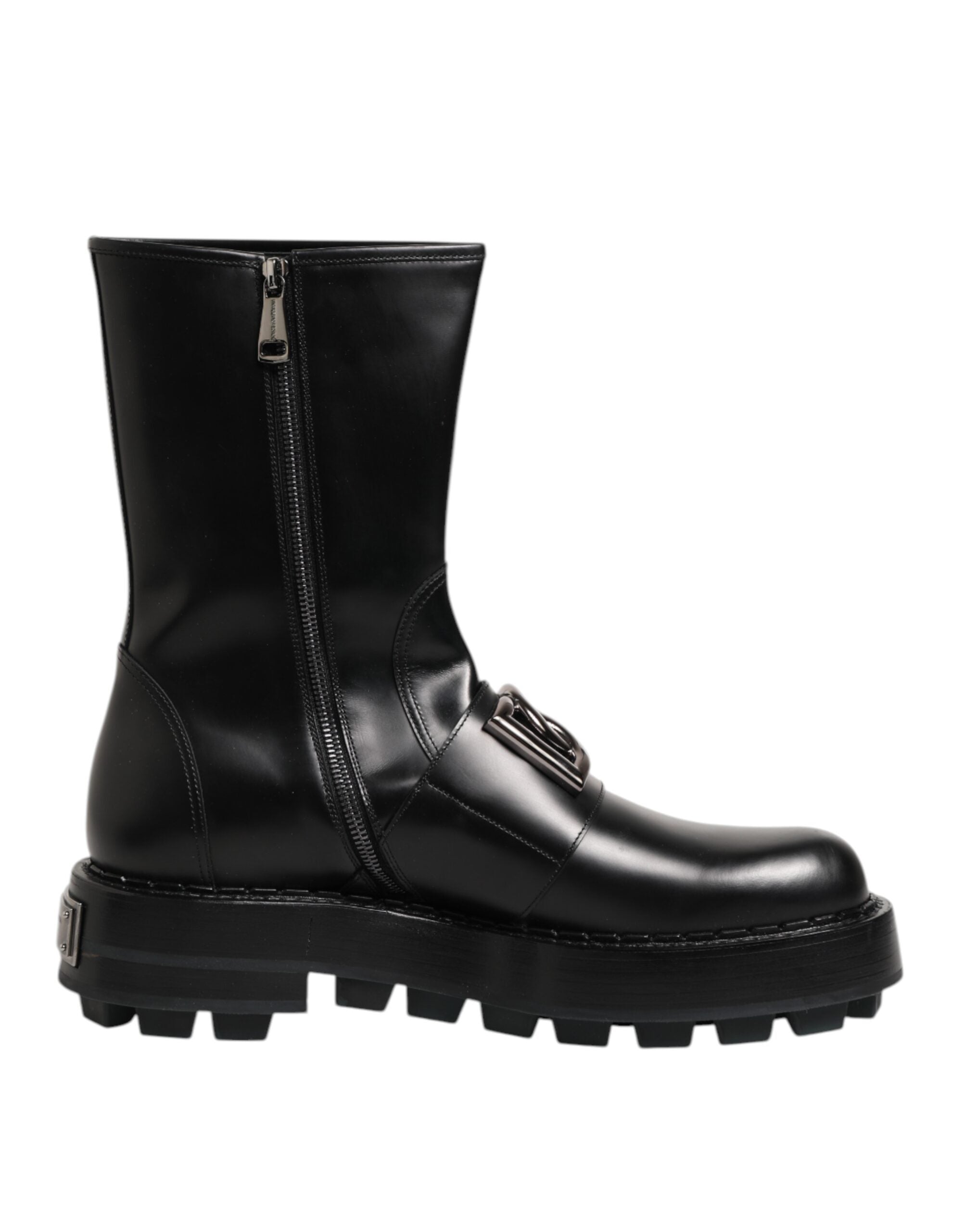 Dolce & Gabbana Black Logo Plaque Mid Calf Biker Boots Men's Shoes