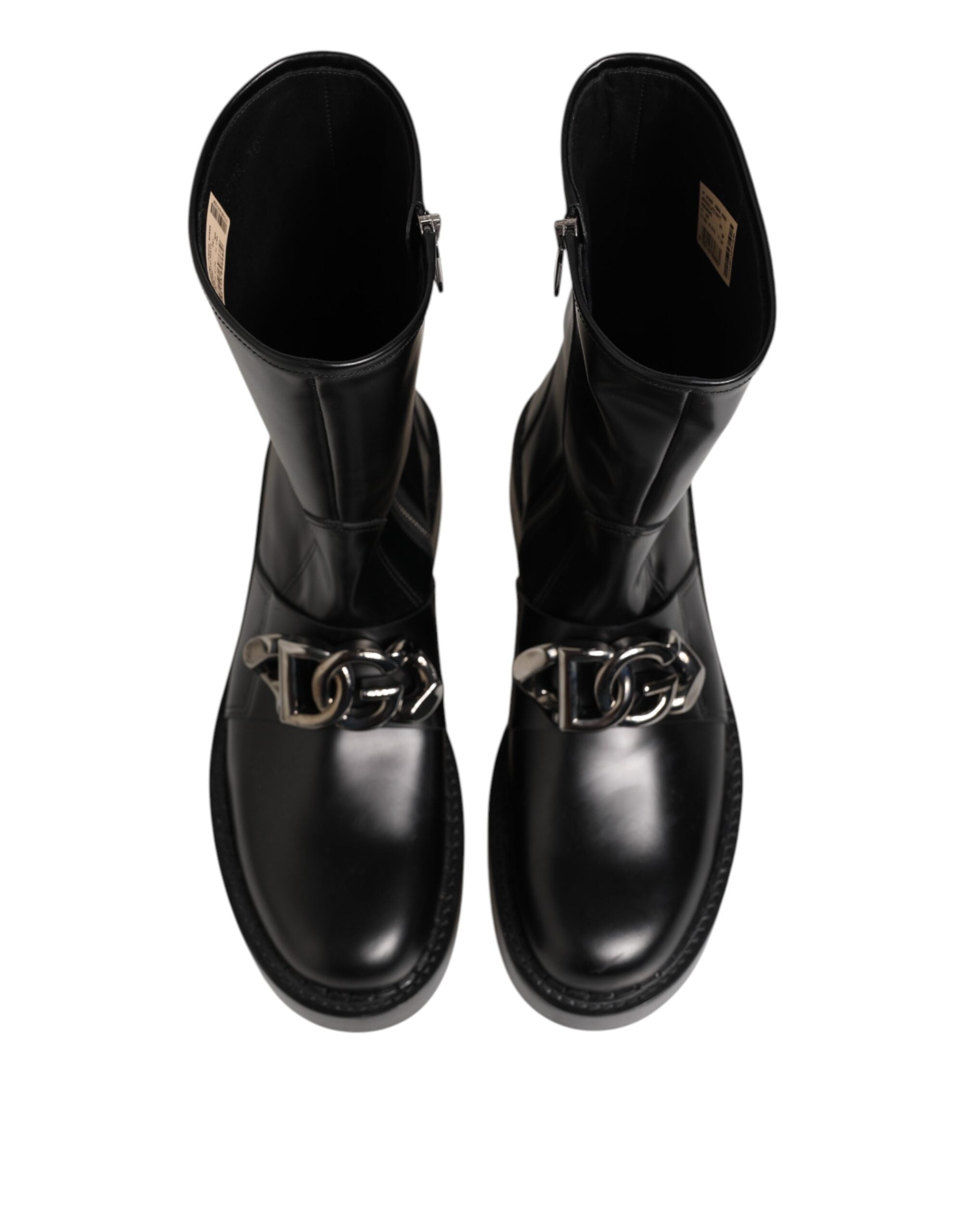 Dolce & Gabbana Black Logo Plaque Mid Calf Biker Boots Men's Shoes