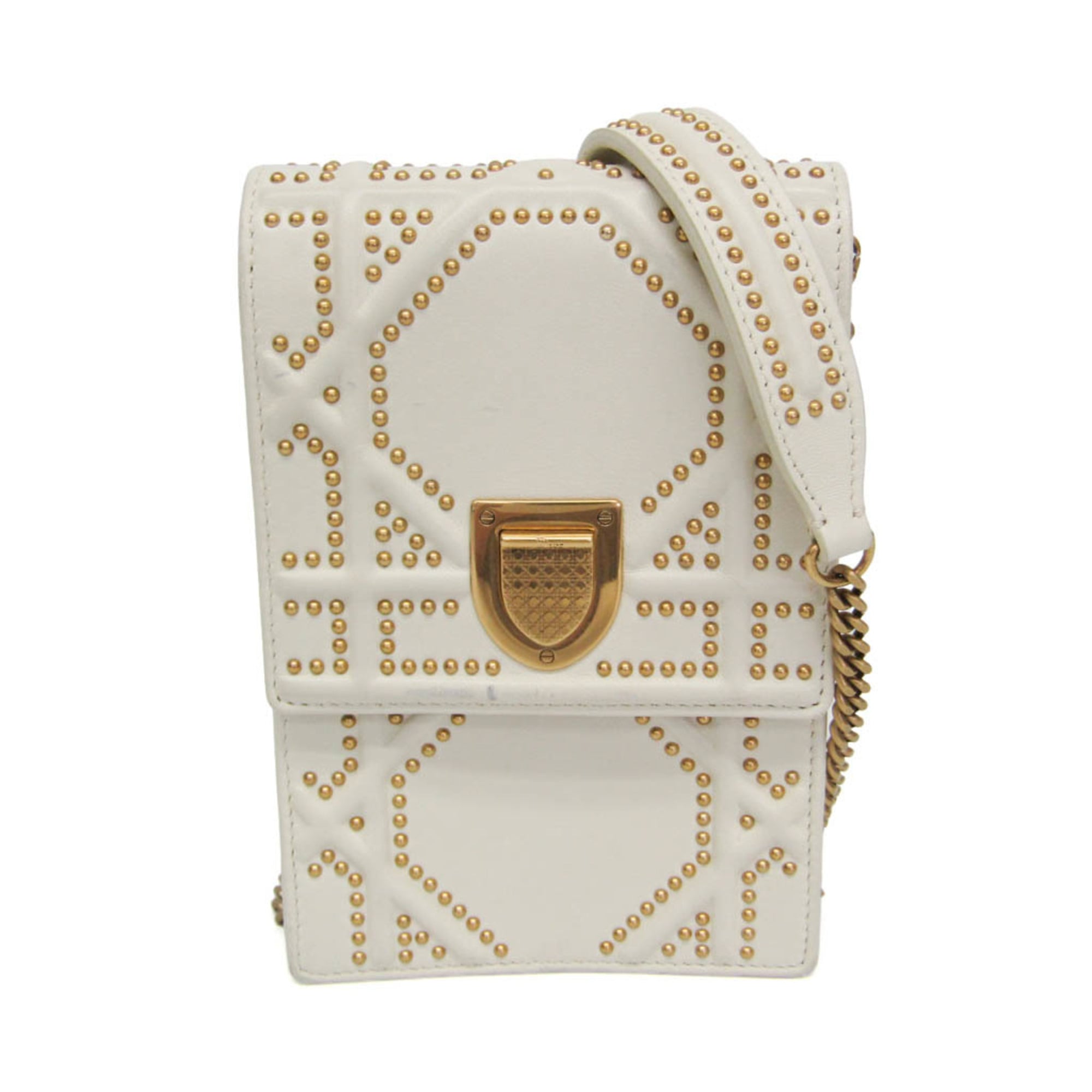 Christian Dior Diorama Vertical Clutch On Chain Studded Leather White Leather Clutche & Pouche Bag (Pre-Owned)