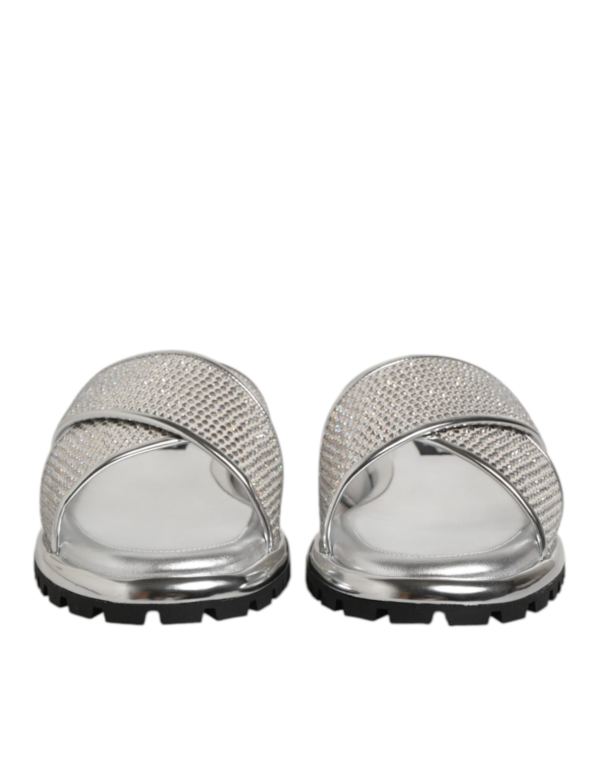 Dolce & Gabbana Silver Strass Slides Flats Slippers Men's Shoes