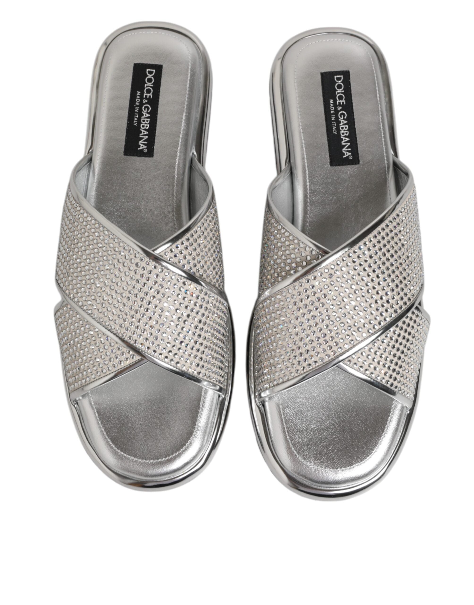 Dolce & Gabbana Silver Strass Slides Flats Slippers Men's Shoes