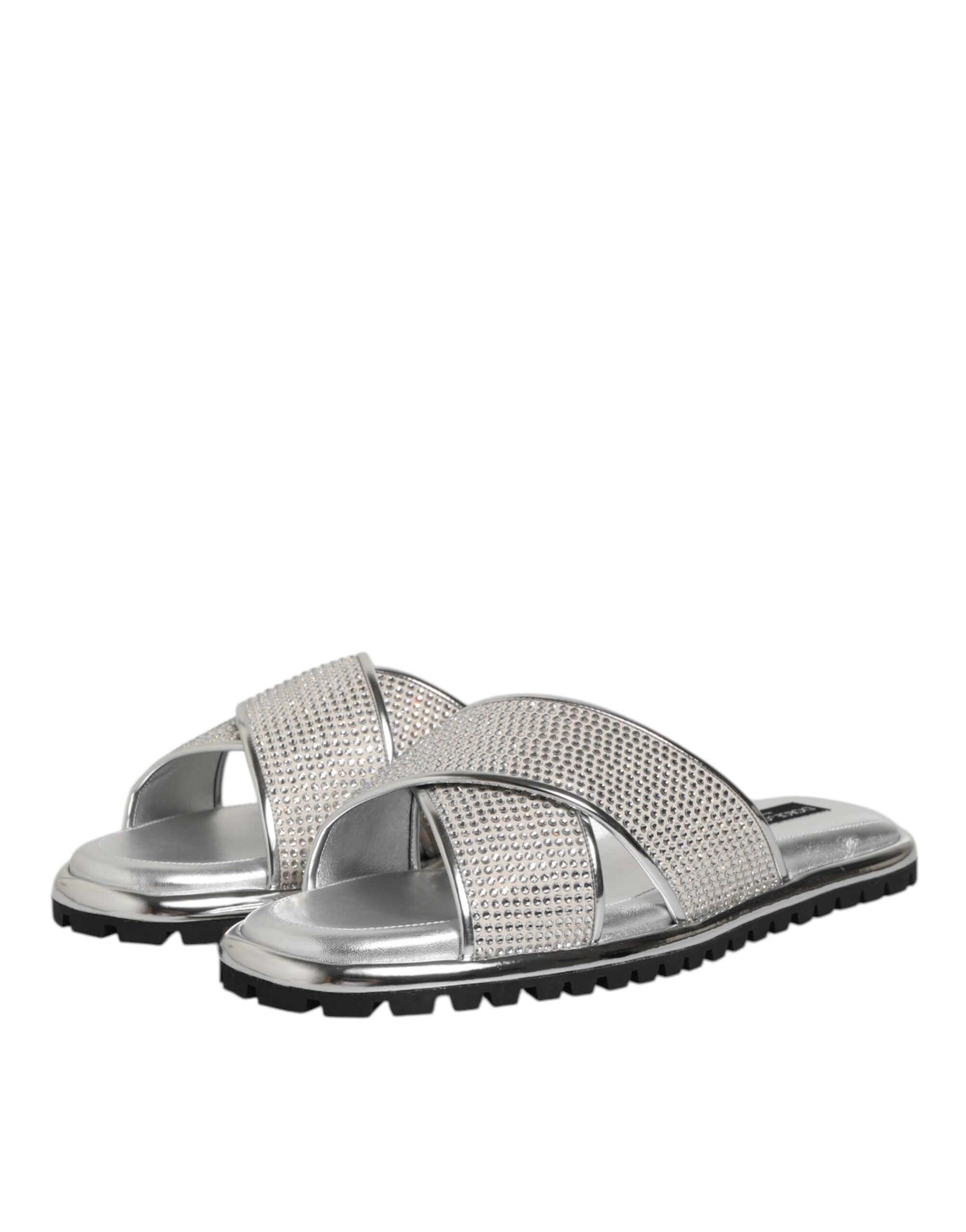 Dolce & Gabbana Silver Strass Slides Flats Slippers Men's Shoes