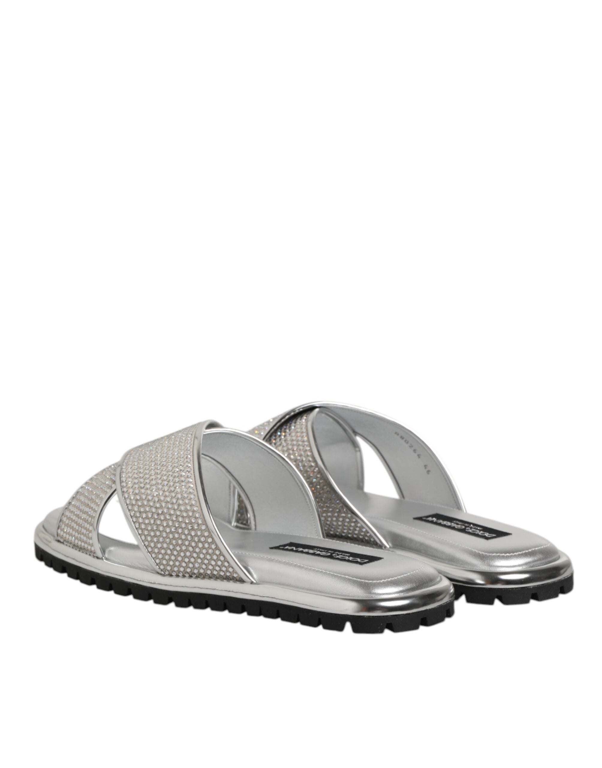 Dolce & Gabbana Silver Strass Slides Flats Slippers Men's Shoes