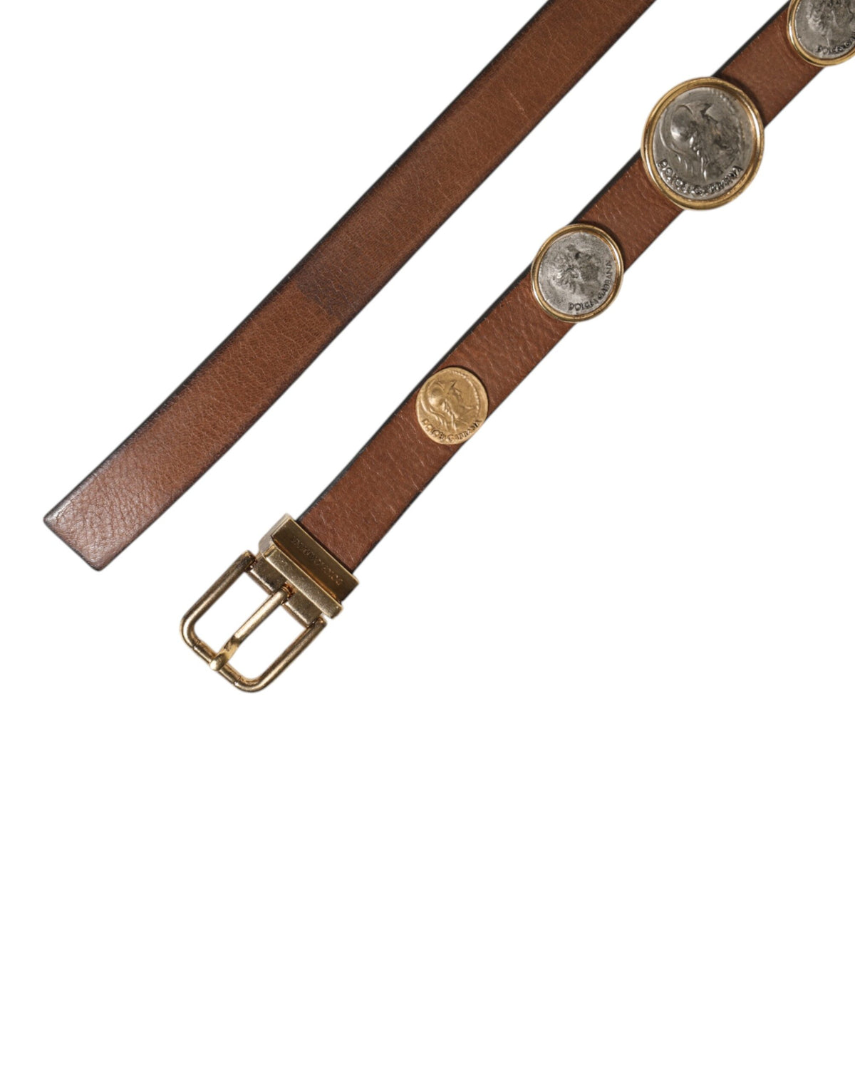 Dolce & Gabbana Brown Leather Gold Silver Coin Buckle Men's Belt