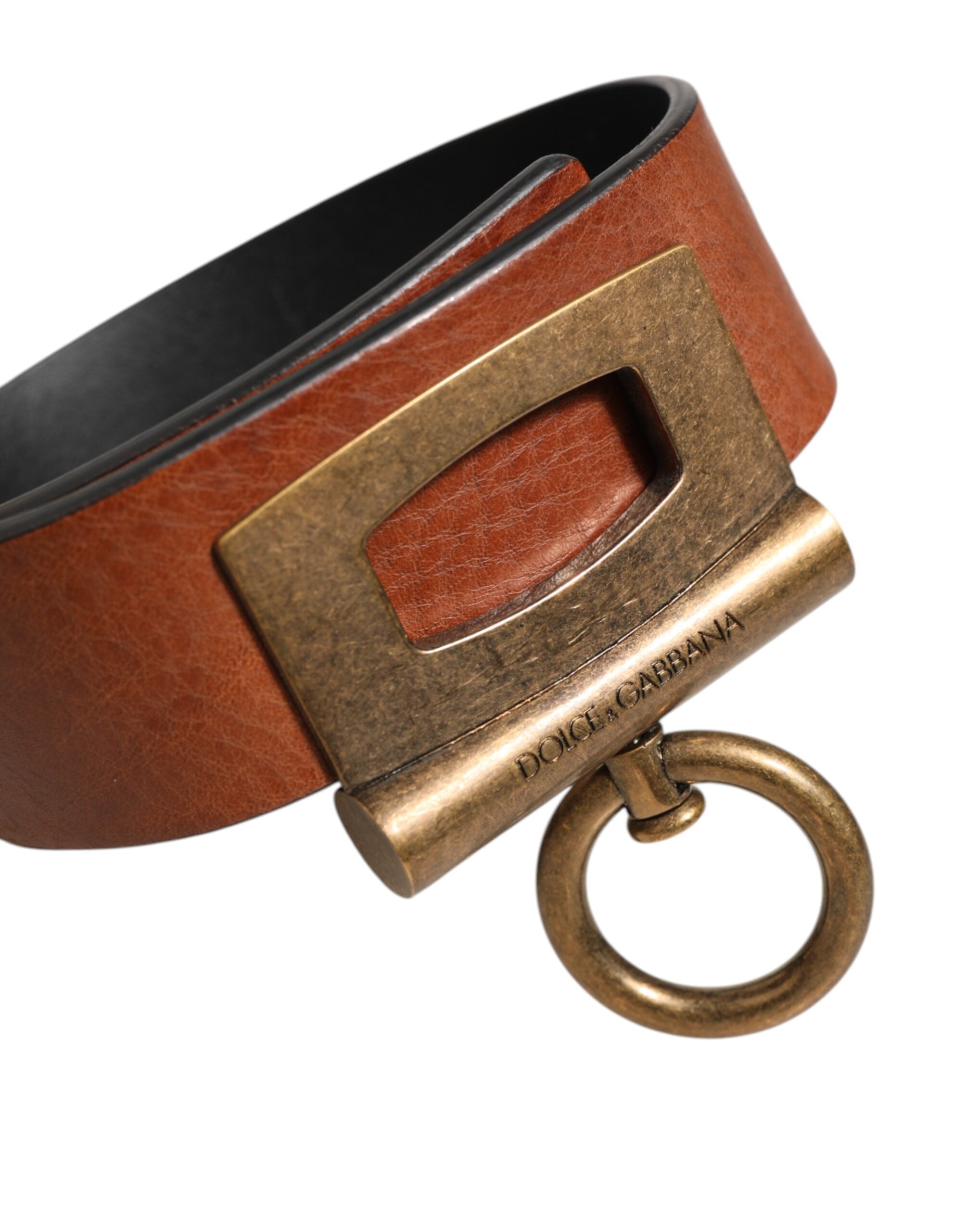 Dolce & Gabbana Brown Leather Side Rings Brass Buckle Men's Belt