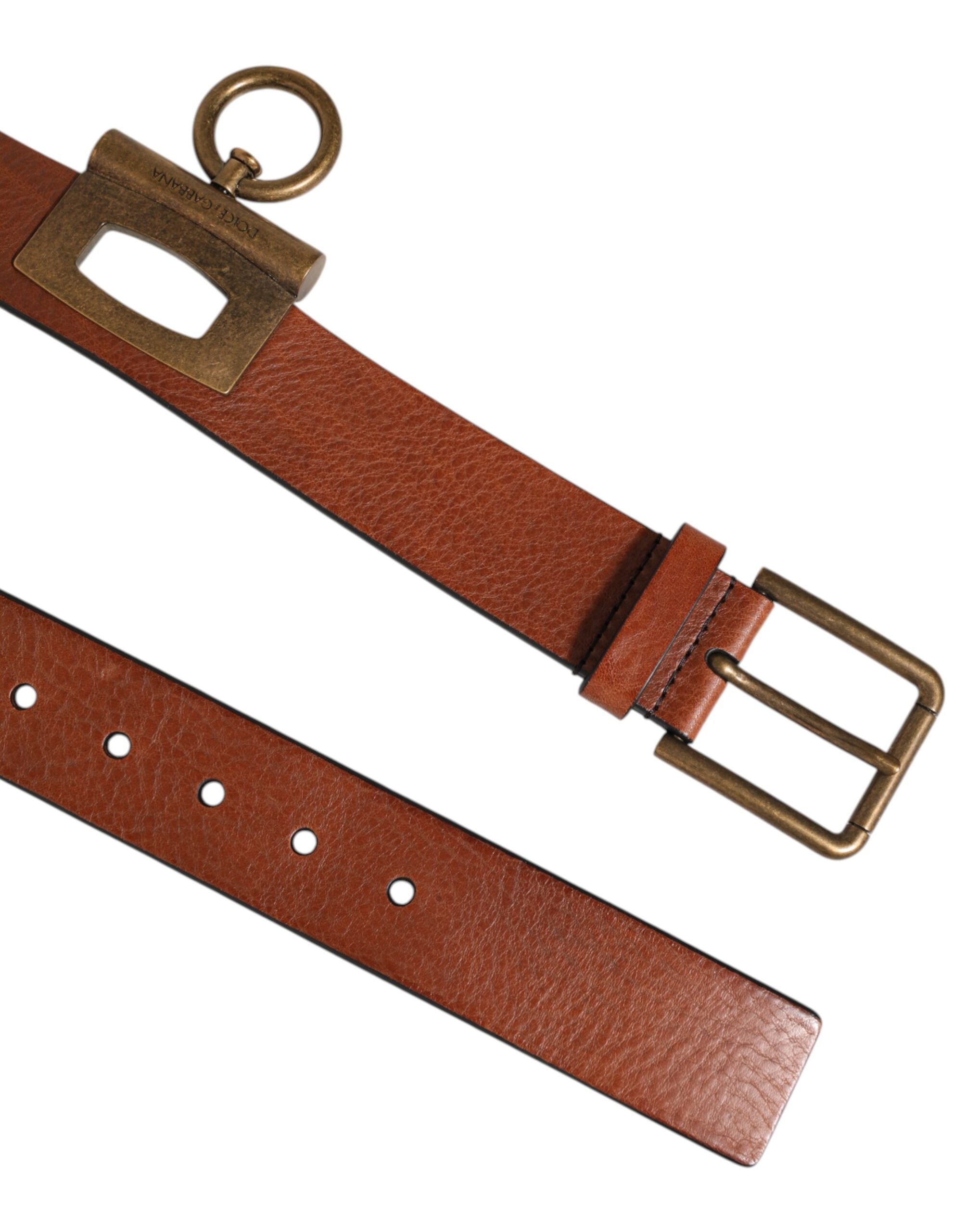 Dolce & Gabbana Brown Leather Side Rings Brass Buckle Men's Belt