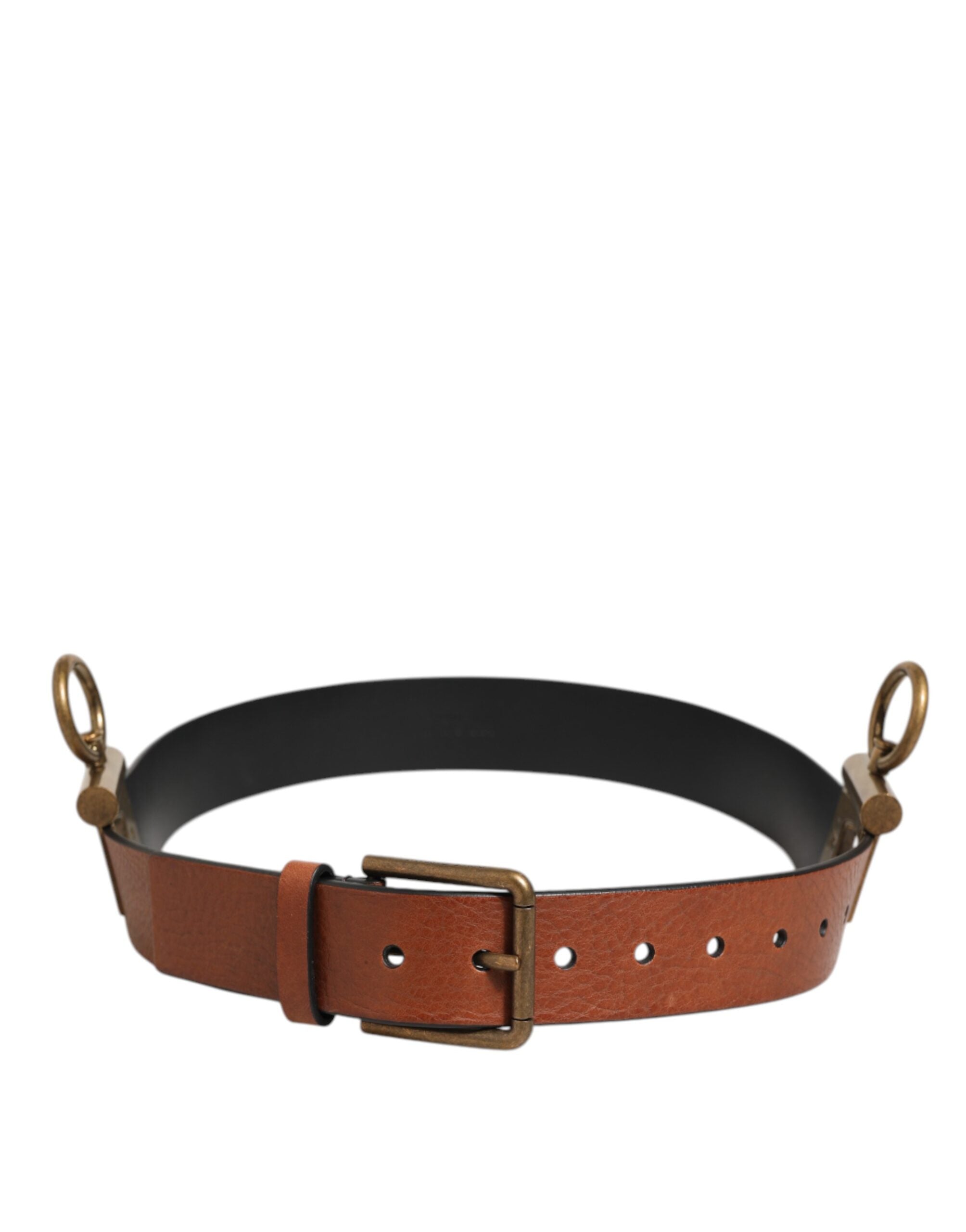 Dolce & Gabbana Brown Leather Side Rings Brass Buckle Men's Belt