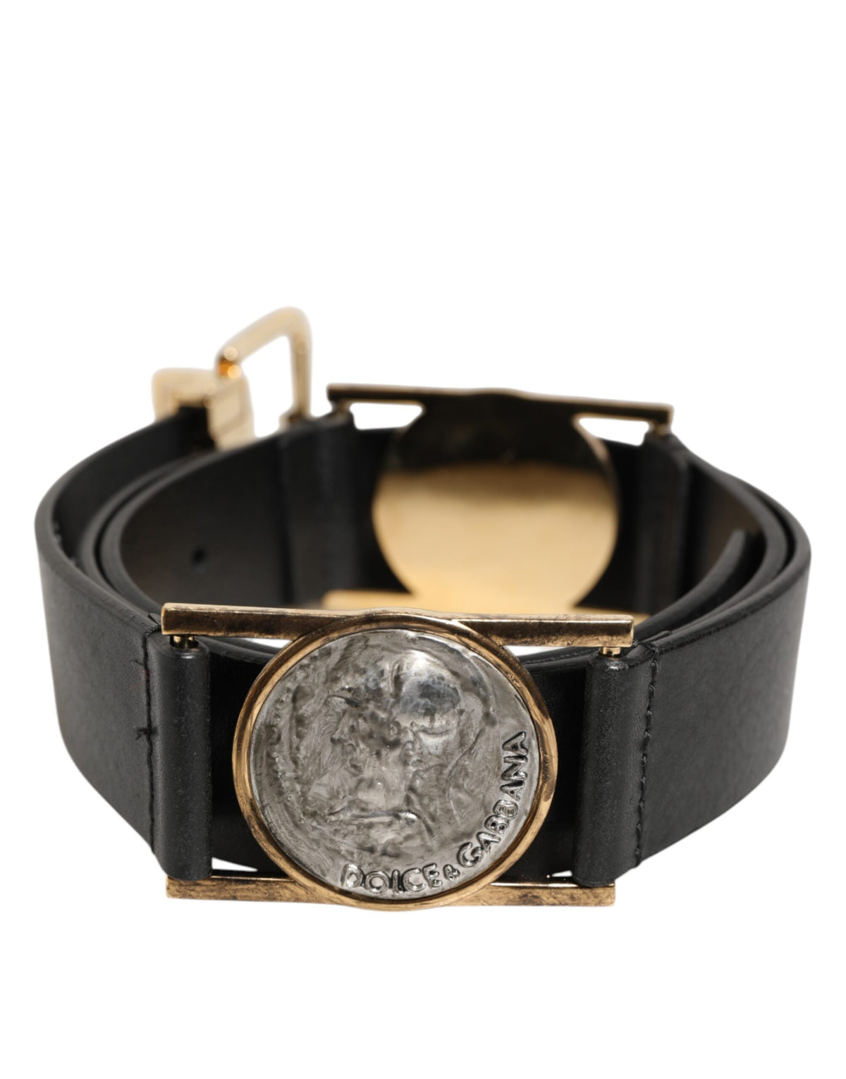 Dolce & Gabbana Black Leather Gold Silver Coin Buckle Men's Belt