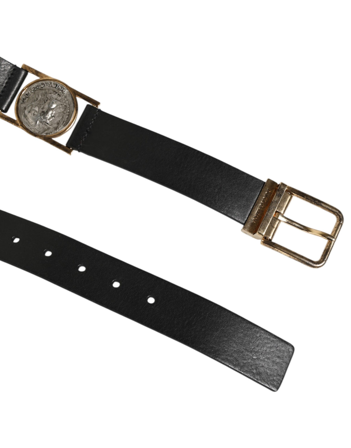 Dolce & Gabbana Black Leather Gold Silver Coin Buckle Men's Belt