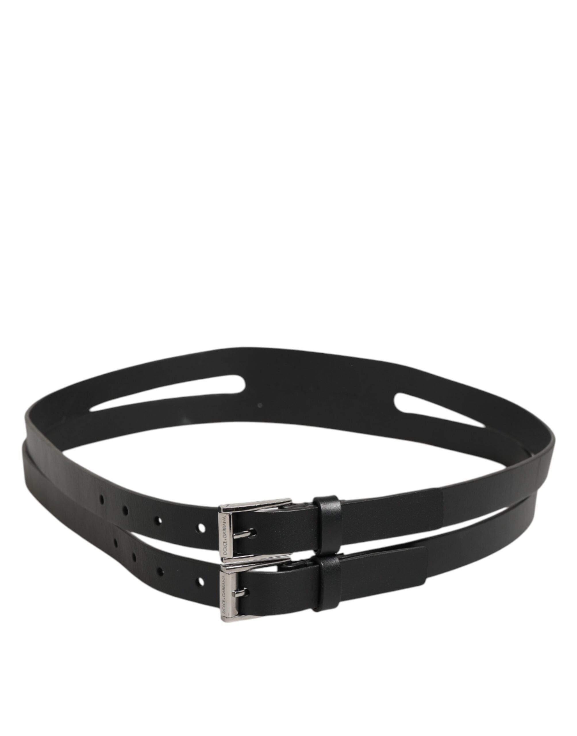 Dolce & Gabbana Black Double Strap Leather Silver Buckle Men's Belt