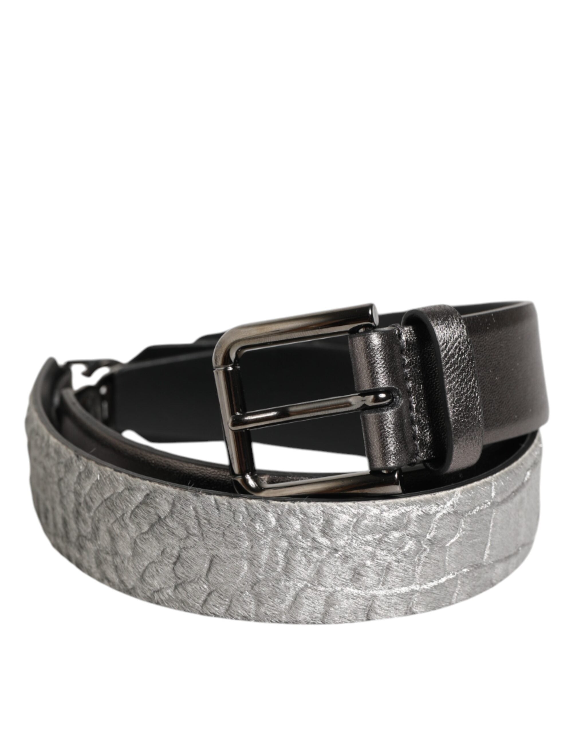 Dolce & Gabbana Black Silver Pebbled Texture Leather Buckle Men Men's Belt