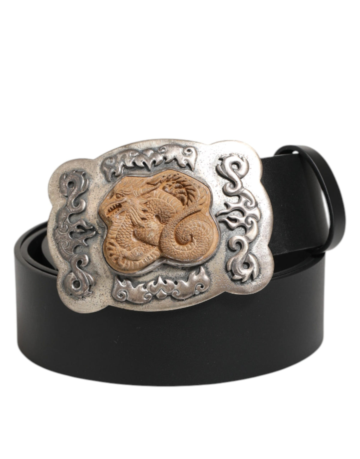 Dolce & Gabbana Black Leather Gothic Dragon Metal Buckle Men's Belt