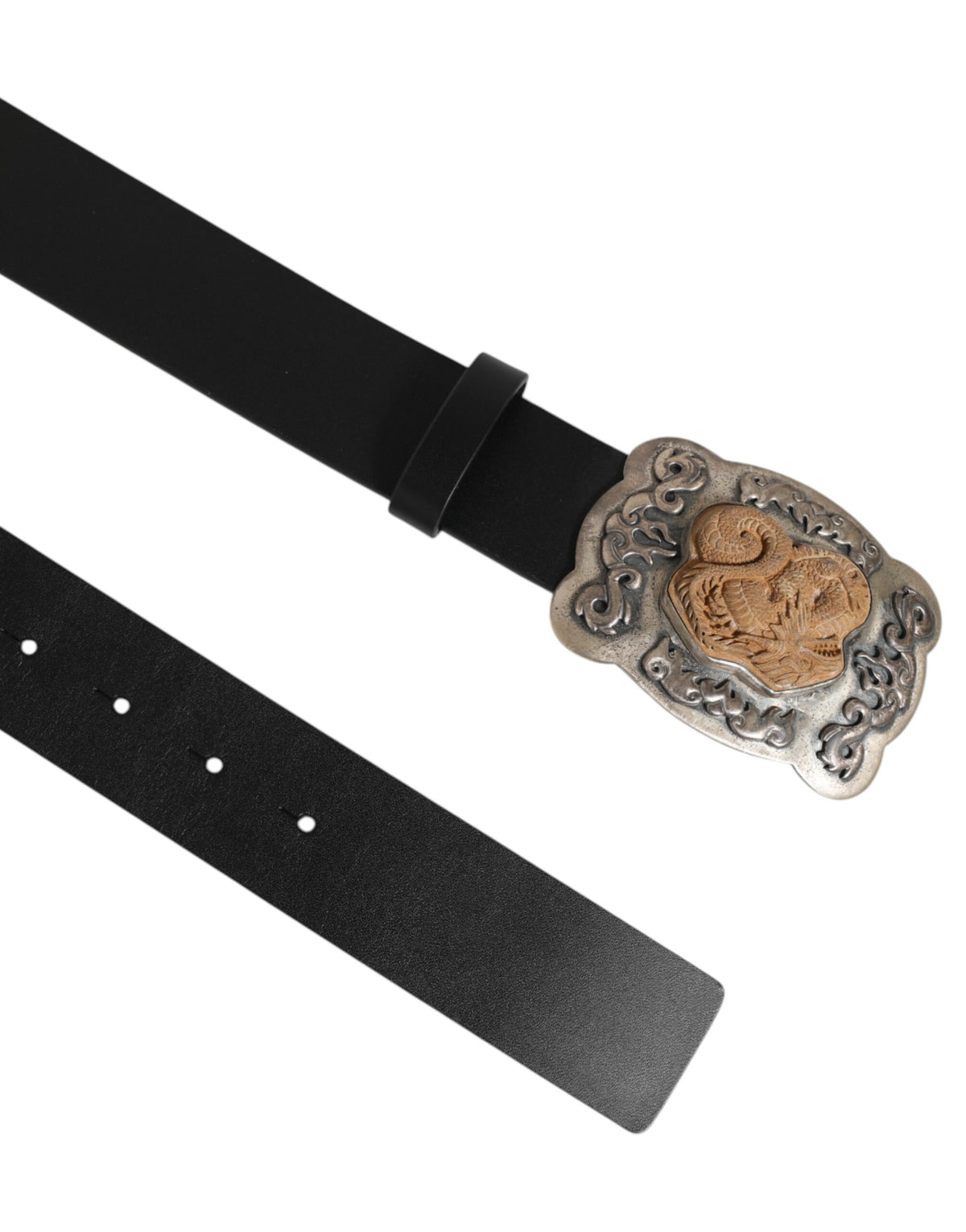 Dolce & Gabbana Black Leather Gothic Dragon Metal Buckle Men's Belt