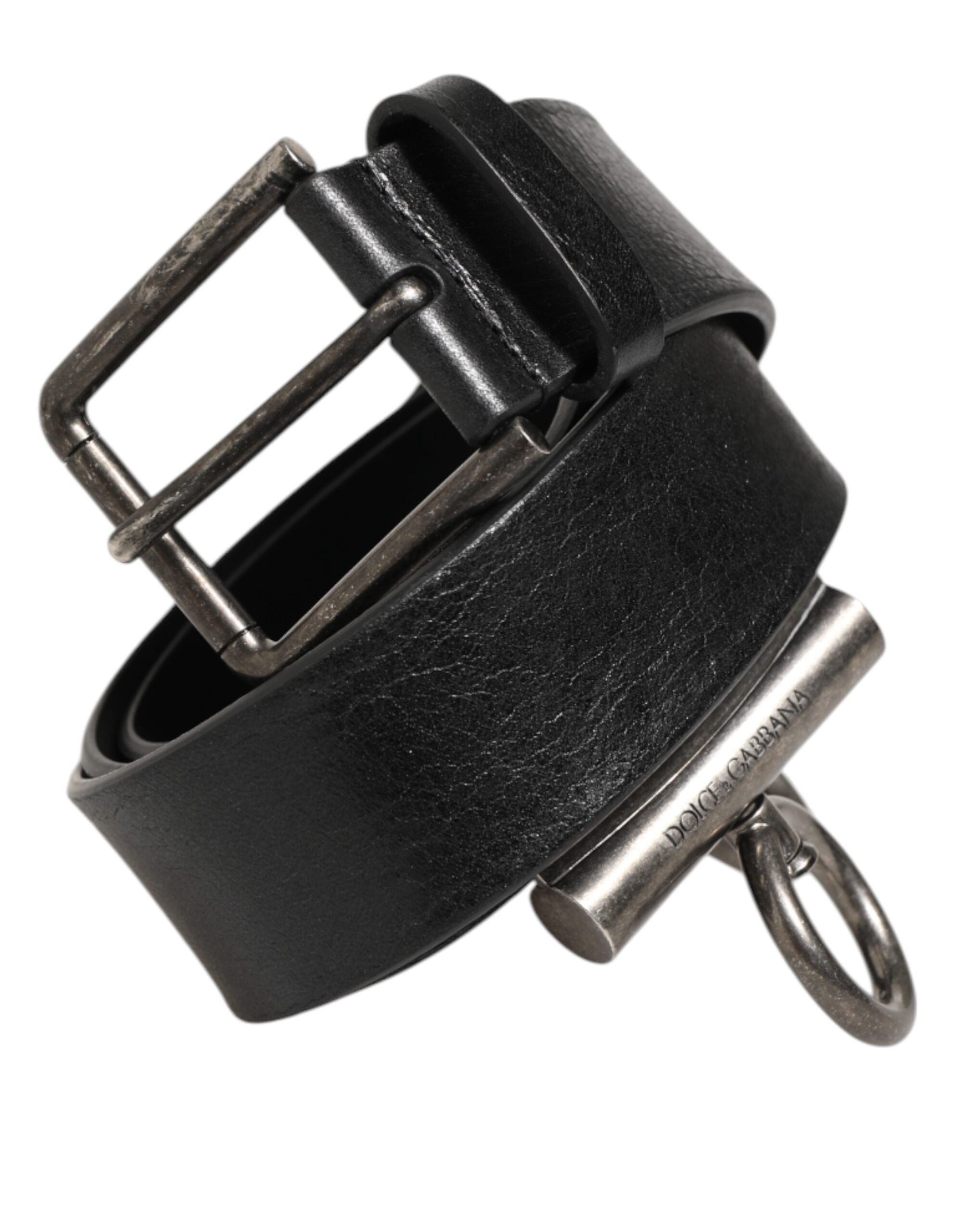 Dolce & Gabbana Black Leather Side Rings Brass Buckle Men's Belt