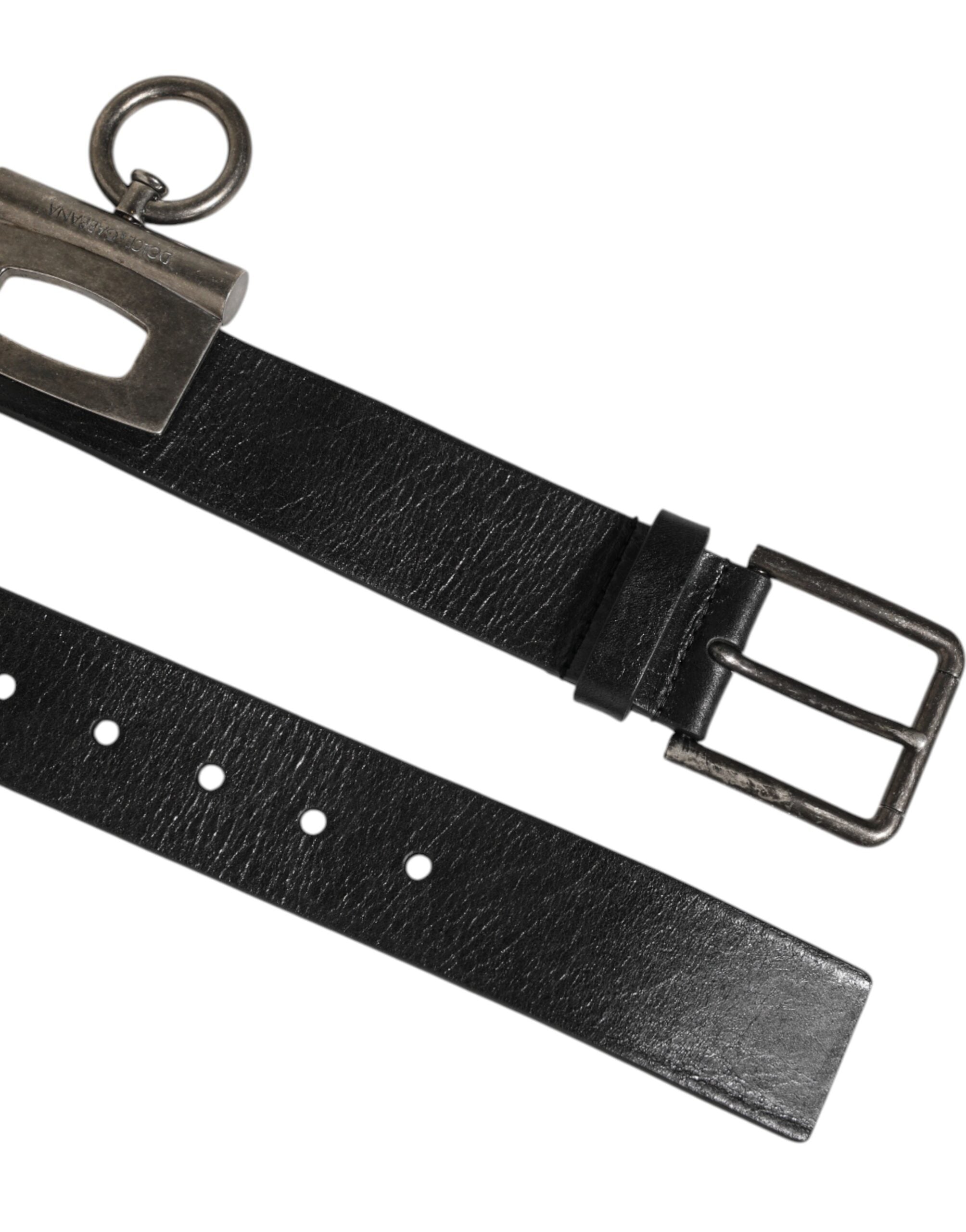 Dolce & Gabbana Black Leather Side Rings Brass Buckle Men's Belt