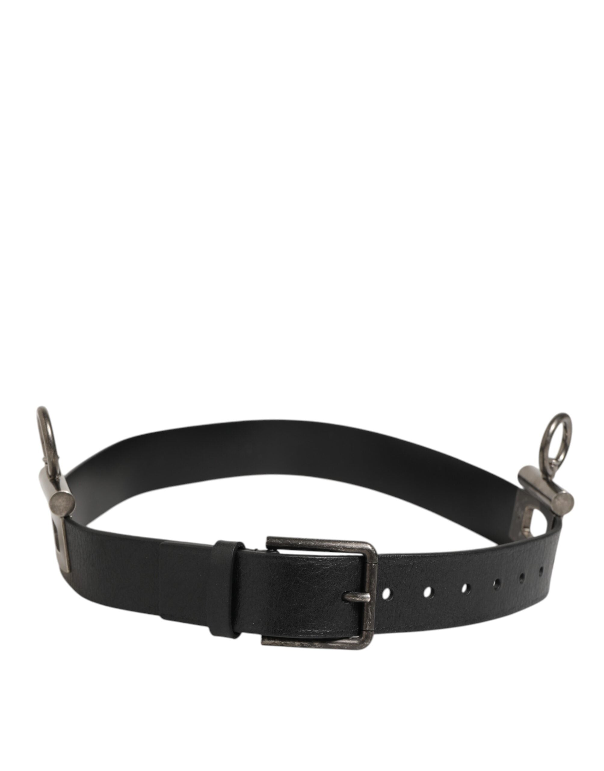 Dolce & Gabbana Black Leather Side Rings Brass Buckle Men's Belt