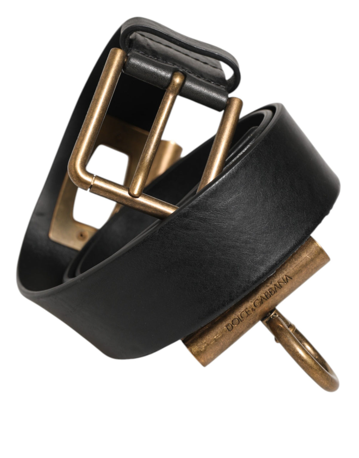 Dolce & Gabbana Black Leather Side Rings Brass Buckle Men's Belt