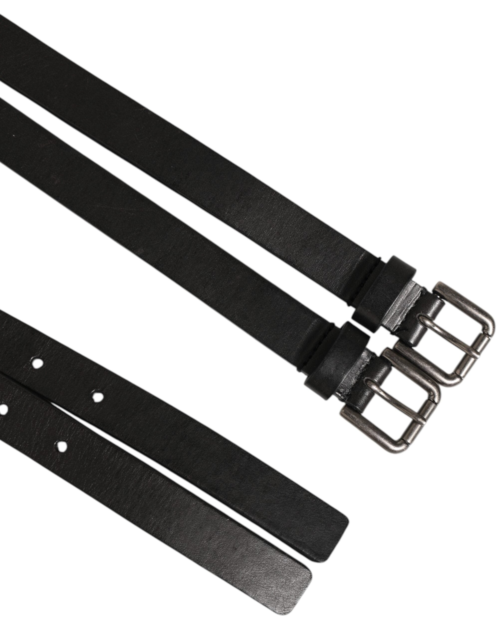 Dolce & Gabbana Black Double Strap Leather Silver Buckle Men's Belt