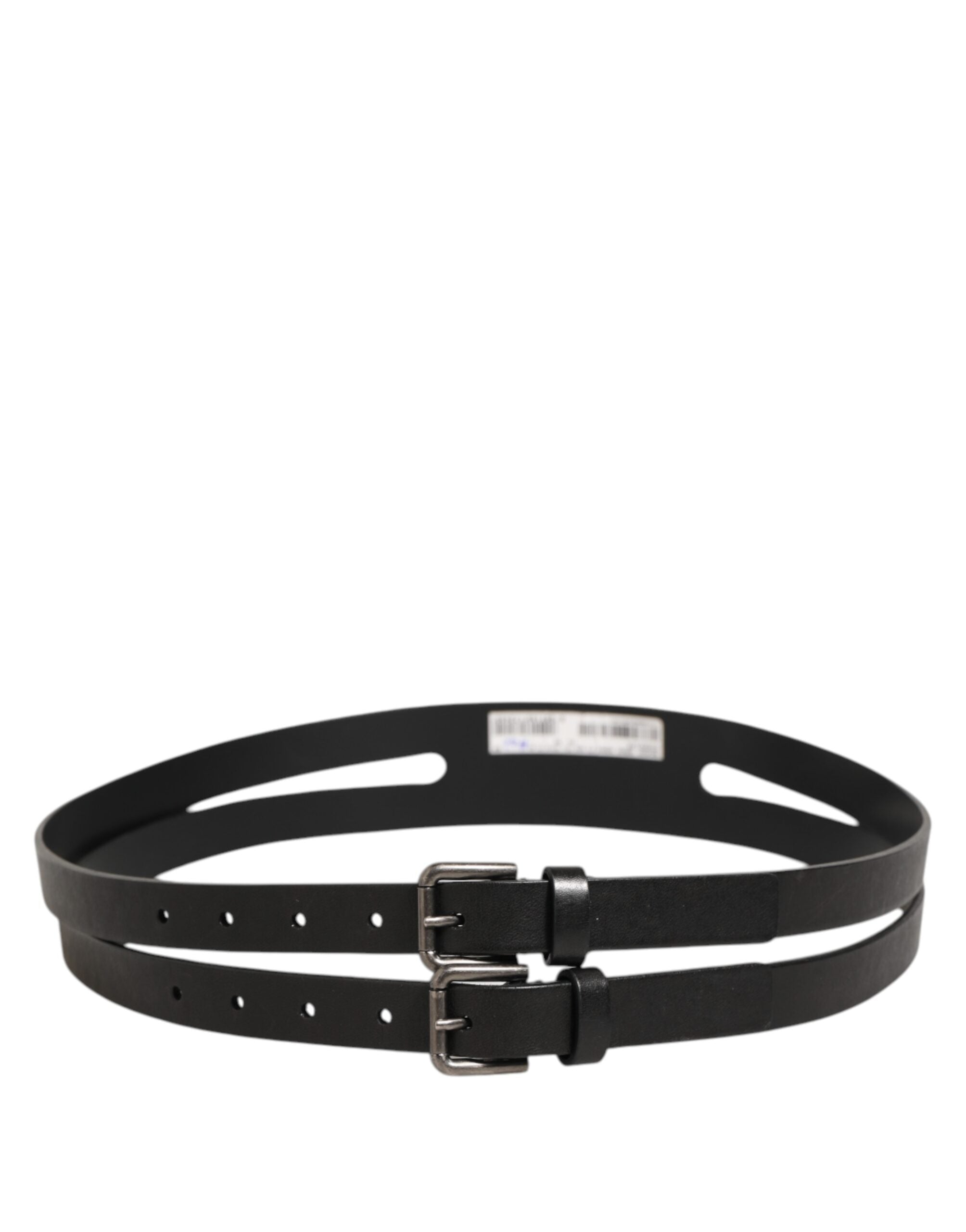 Dolce & Gabbana Black Double Strap Leather Silver Buckle Men's Belt