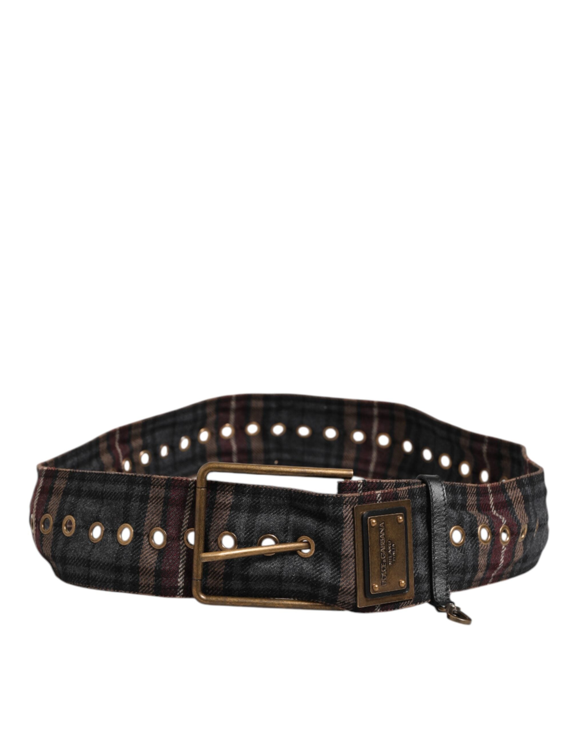 Dolce & Gabbana Plaid Fabric Logo Plate Brass Buckle Men's Belt