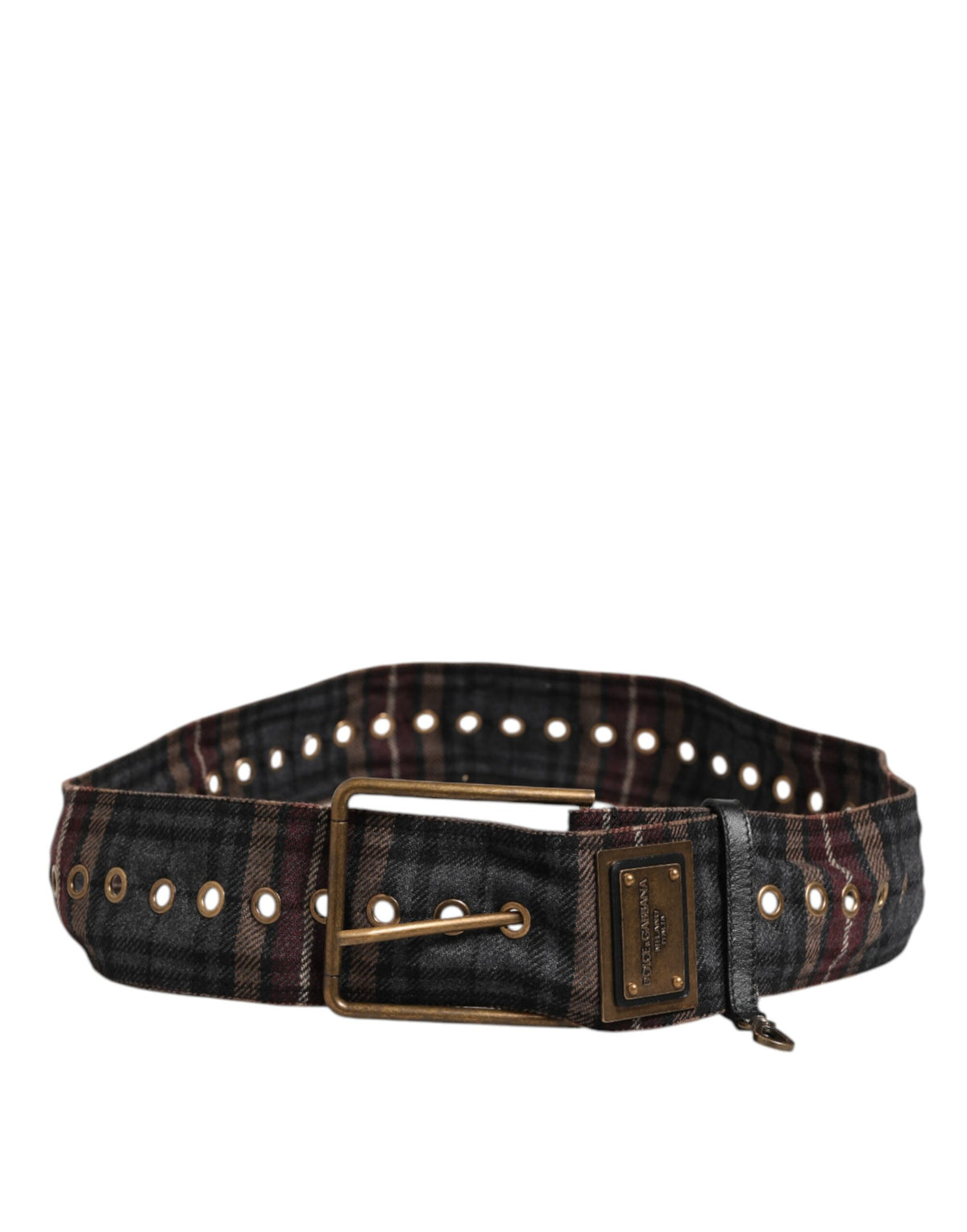 Dolce & Gabbana Plaid Fabric Logo Plate Brass Buckle Men's Belt
