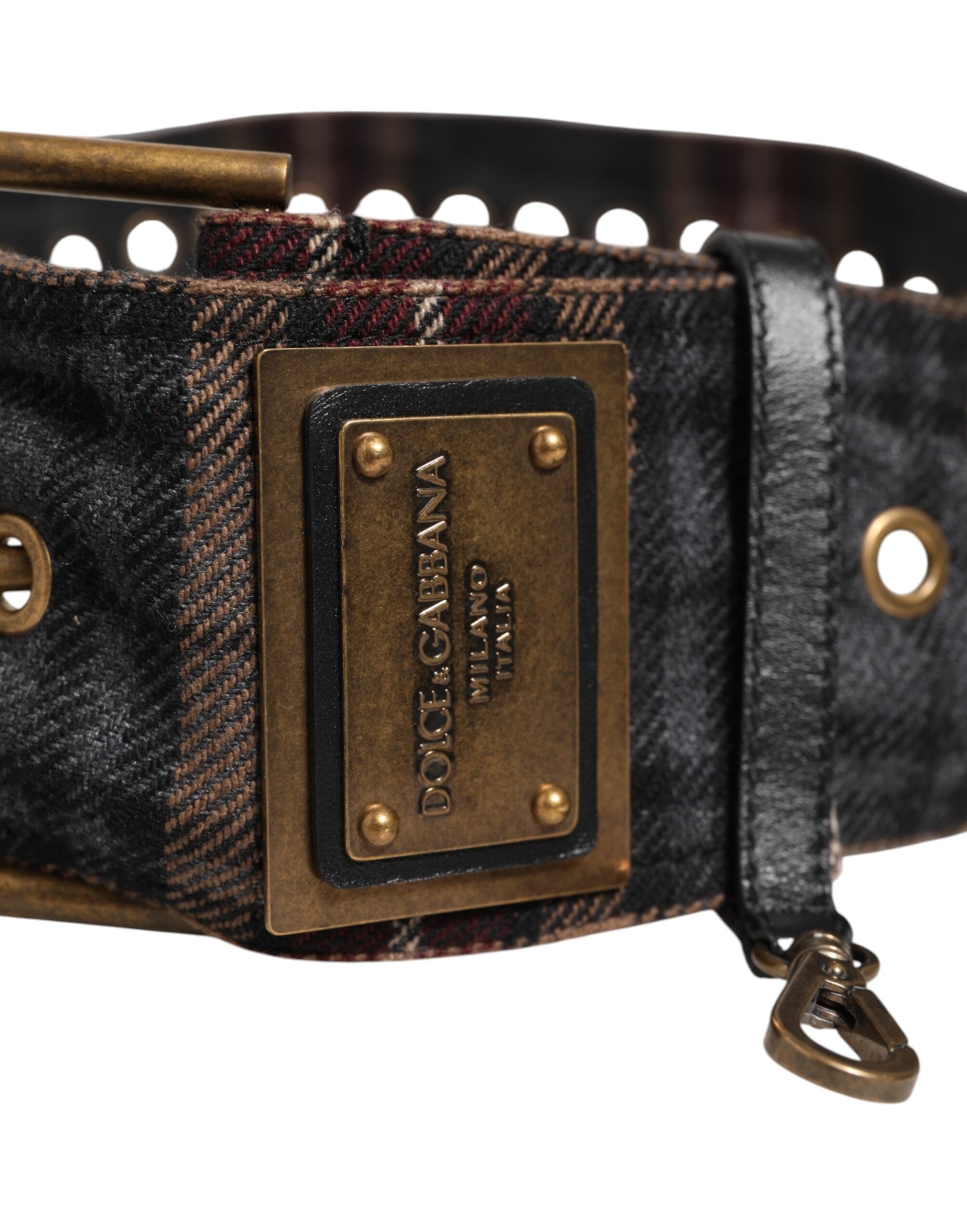 Dolce & Gabbana Plaid Fabric Logo Plate Brass Buckle Men's Belt