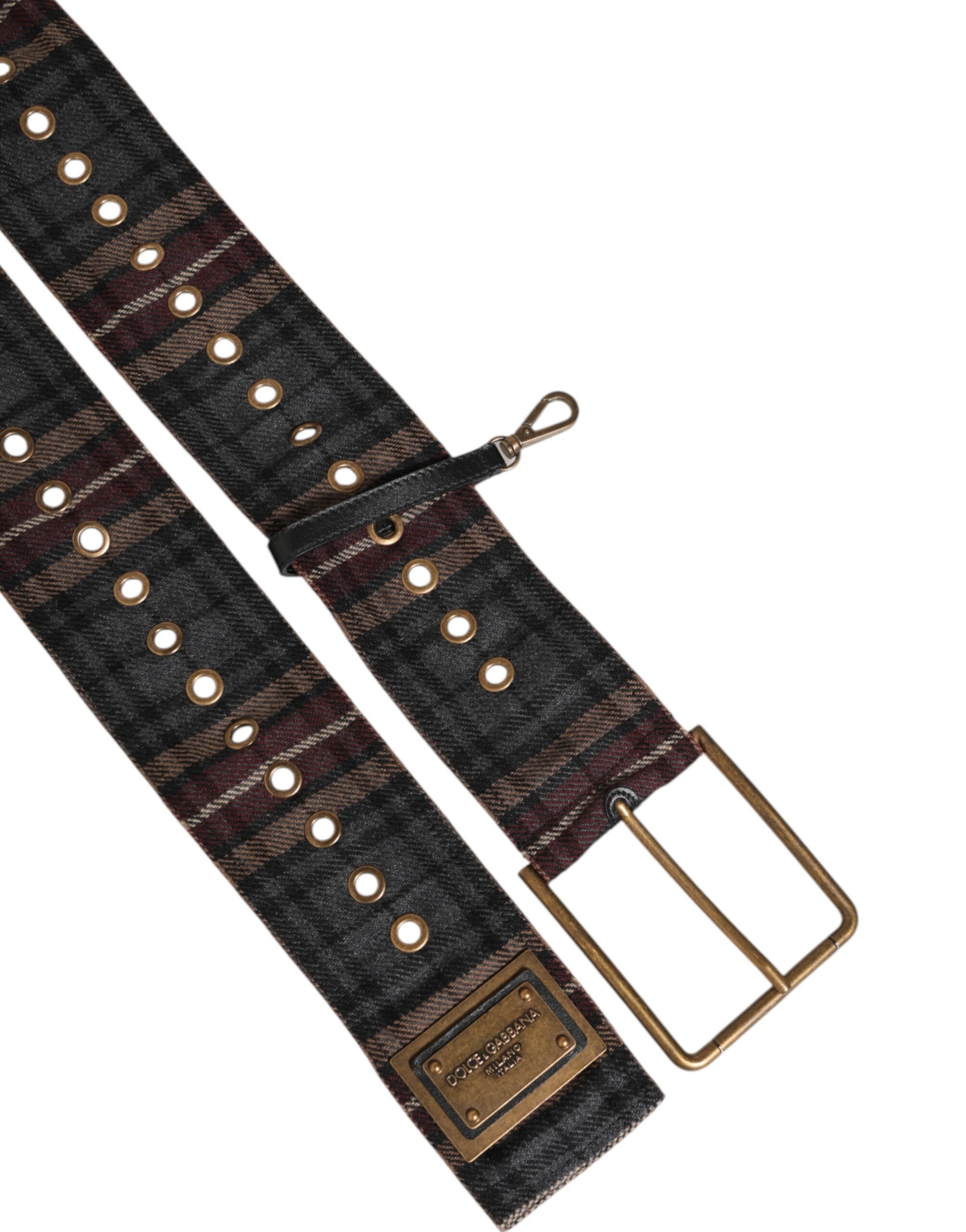 Dolce & Gabbana Plaid Fabric Logo Plate Brass Buckle Men's Belt