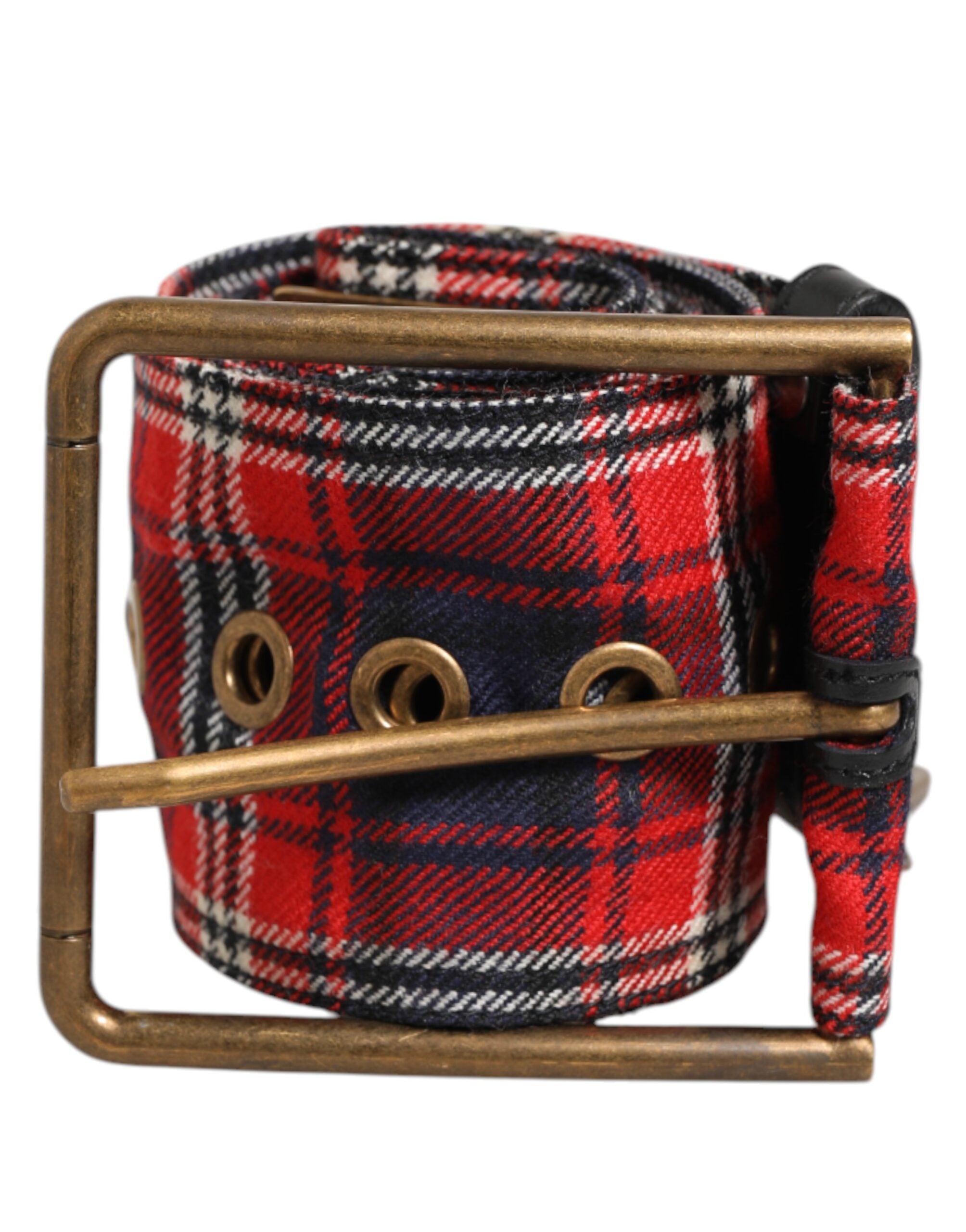 Dolce & Gabbana Red Plaid Fabric Logo Plate Brass Buckle Men's Belt