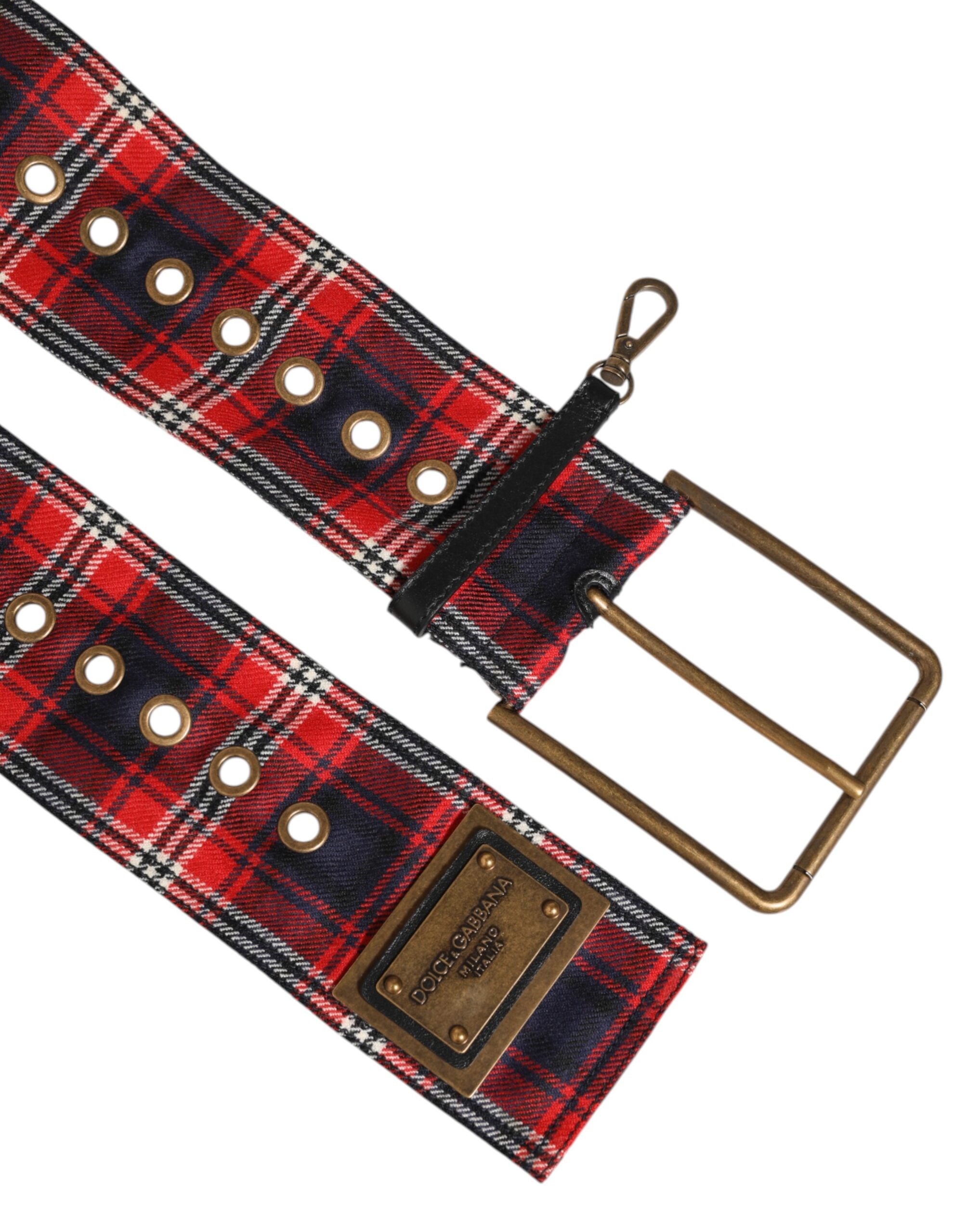 Dolce & Gabbana Red Plaid Fabric Logo Plate Brass Buckle Men's Belt