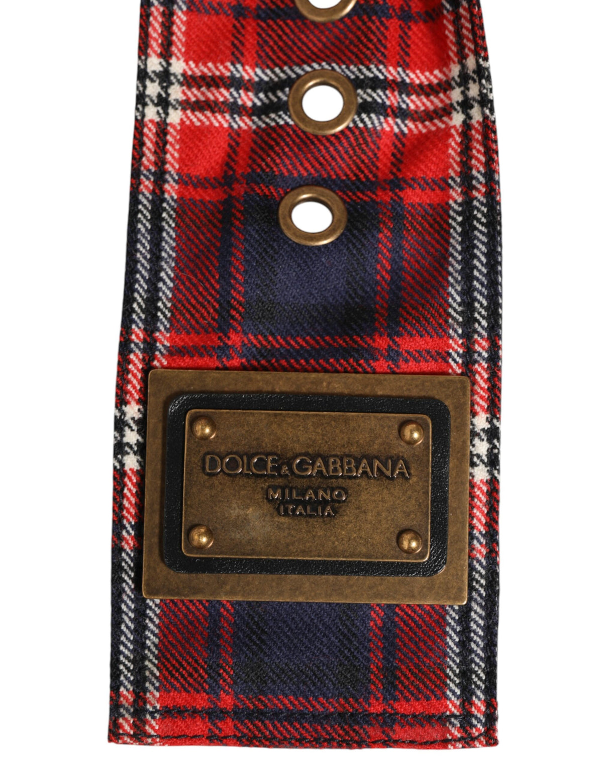Dolce & Gabbana Red Plaid Fabric Logo Plate Brass Buckle Men's Belt