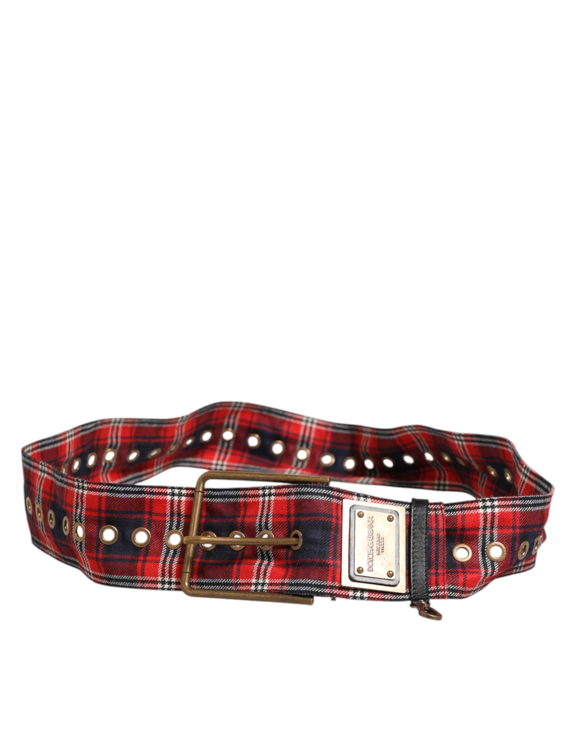 Dolce & Gabbana Red Plaid Fabric Logo Plate Brass Buckle Men's Belt