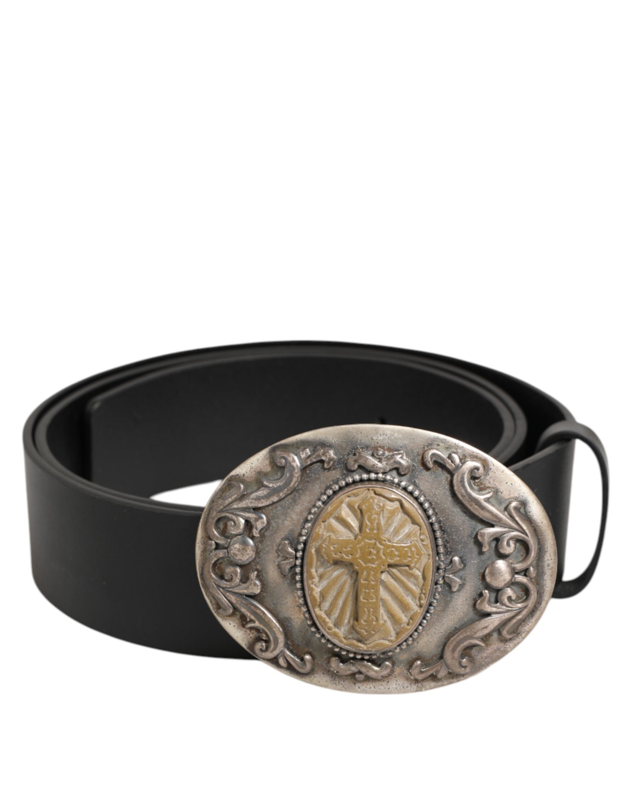 Dolce & Gabbana Black Leather Ornate Metal Buckle Men Men's Belt
