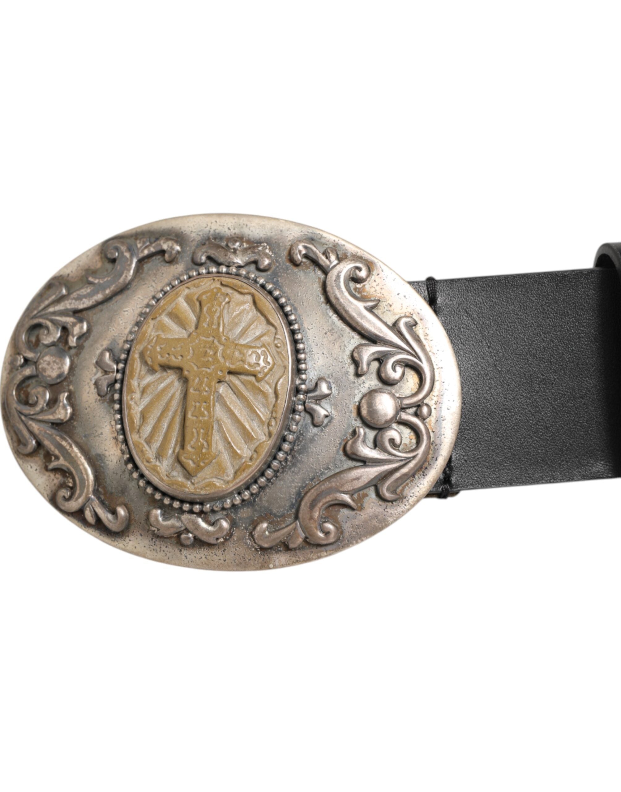 Dolce & Gabbana Black Leather Ornate Metal Buckle Men Men's Belt