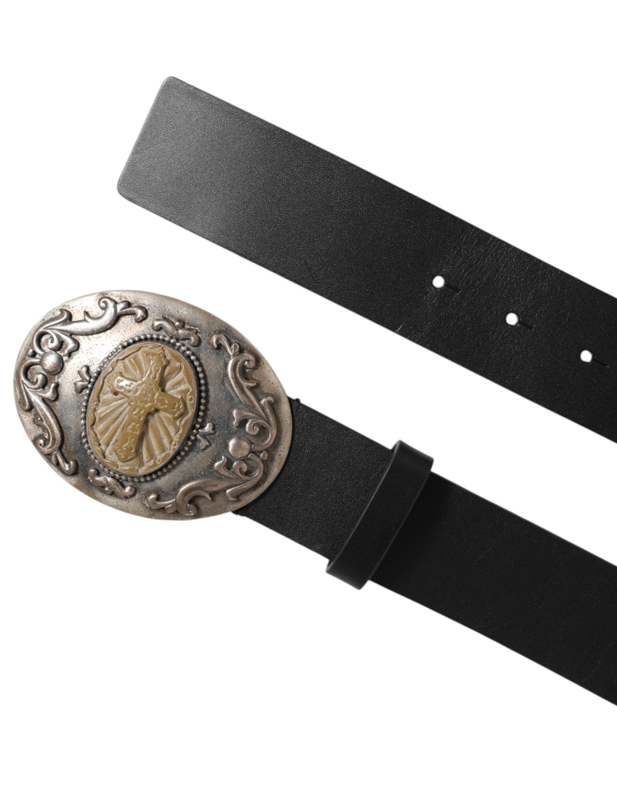 Dolce & Gabbana Black Leather Ornate Metal Buckle Men Men's Belt